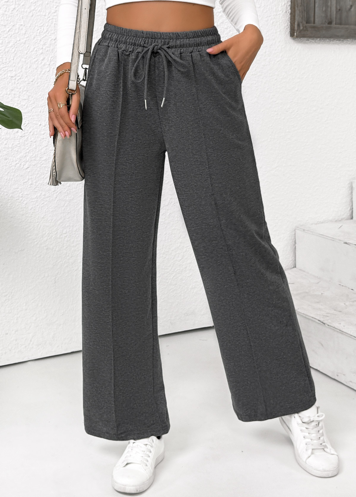Dark Grey Marl Pocket Straight Leg Elastic Waist Pants | picture 