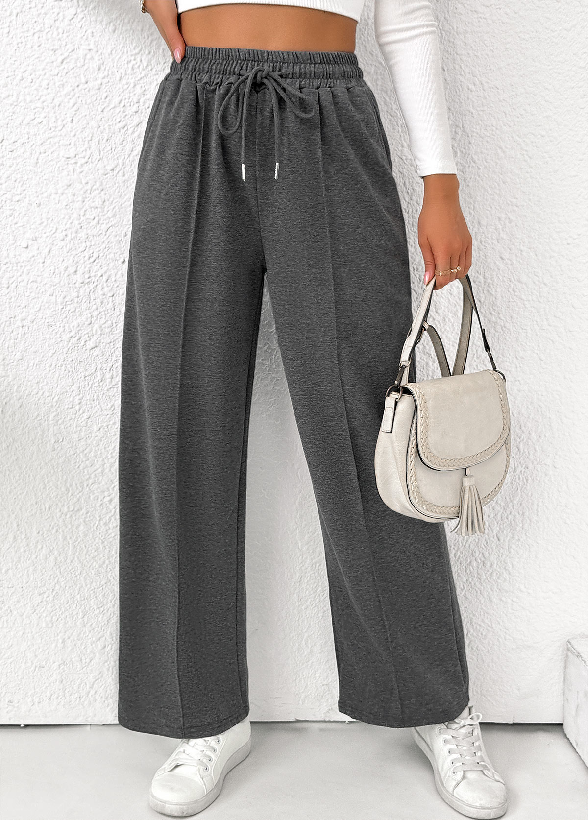 Dark Grey Marl Pocket Straight Leg Elastic Waist Pants | picture 