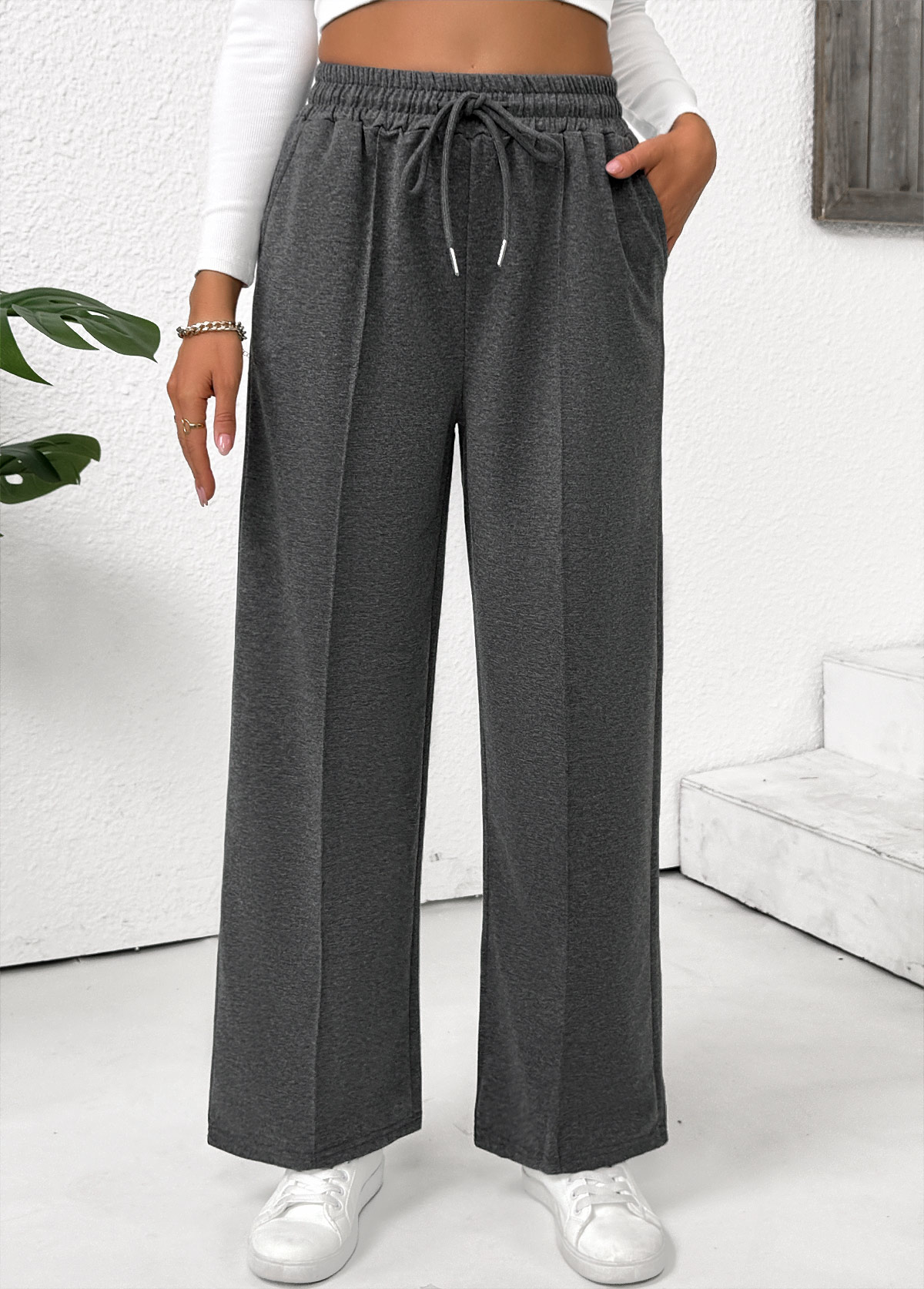 Dark Grey Marl Pocket Straight Leg Elastic Waist Pants | picture 