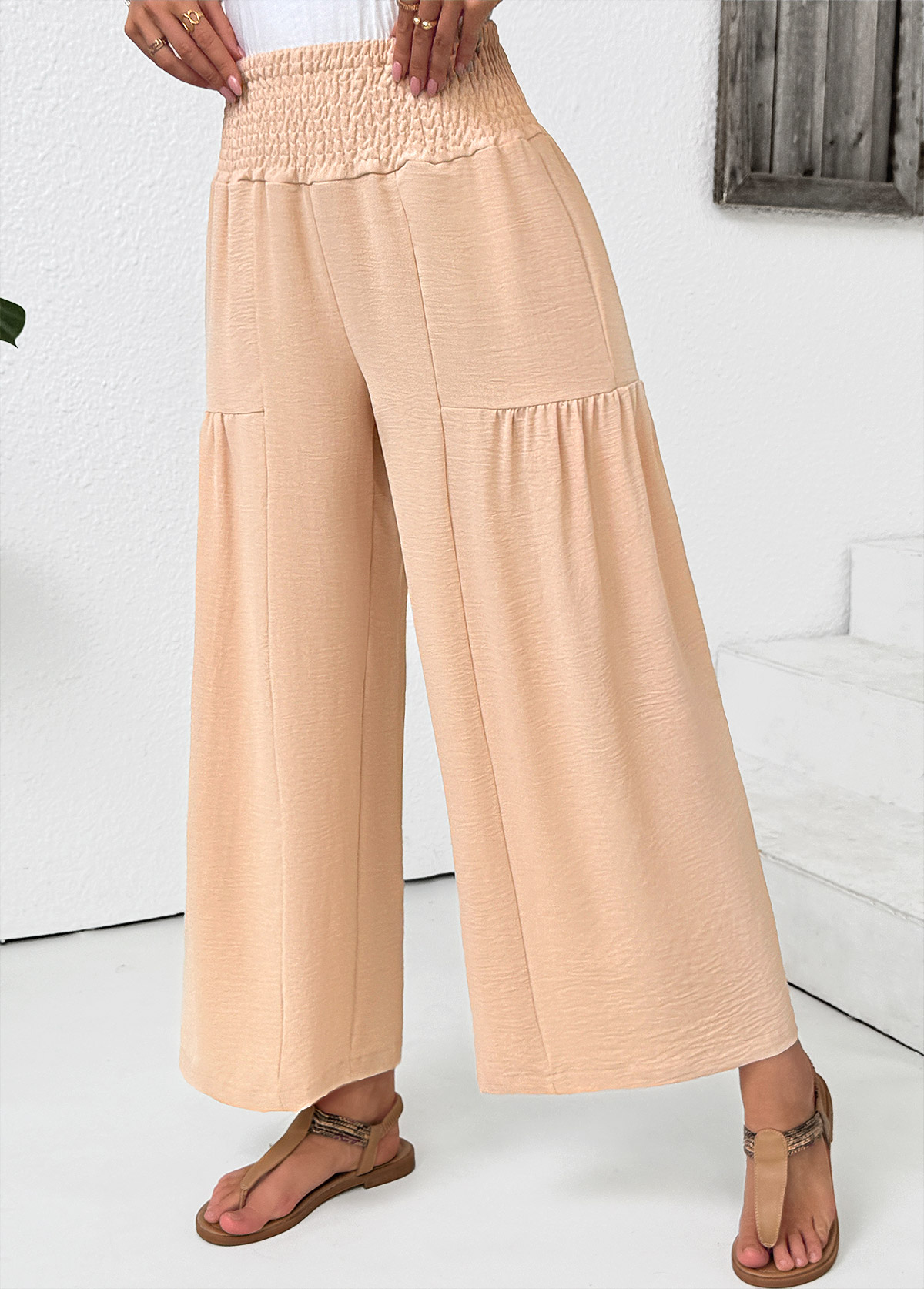 Light Coffee Wide Leg Elastic Waist High Waisted Pants | picture 