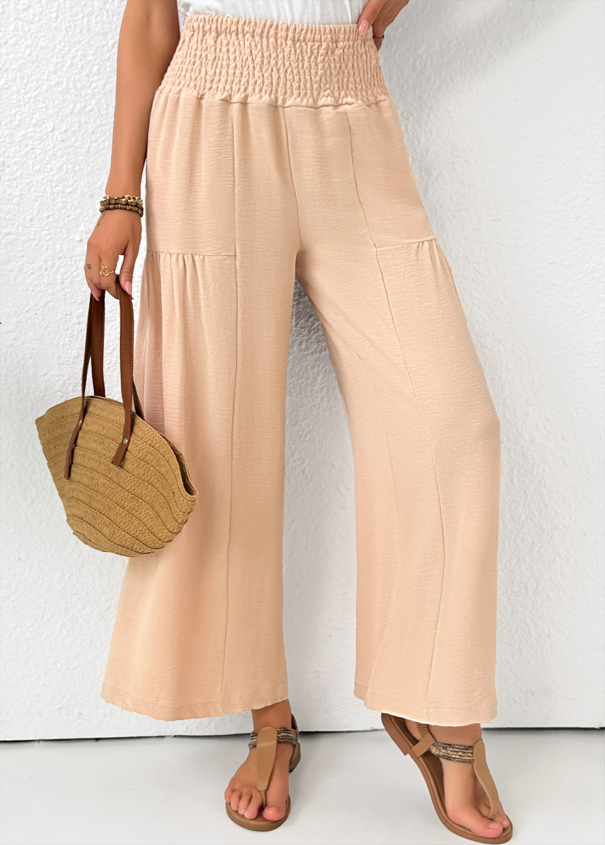 Light Coffee Wide Leg Elastic Waist High Waisted Pants | picture 