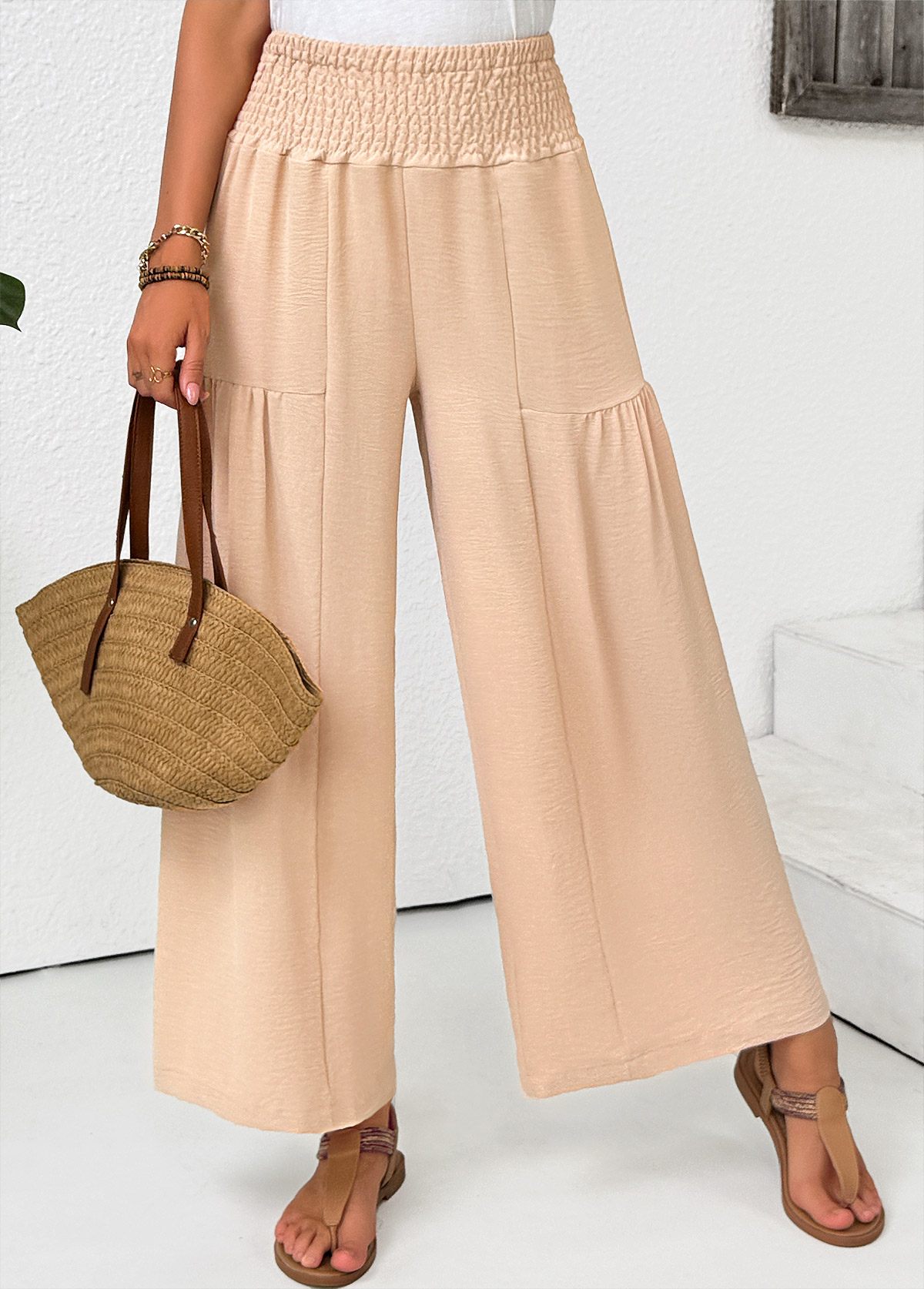 Light Coffee Wide Leg Elastic Waist High Waisted Pants | picture 