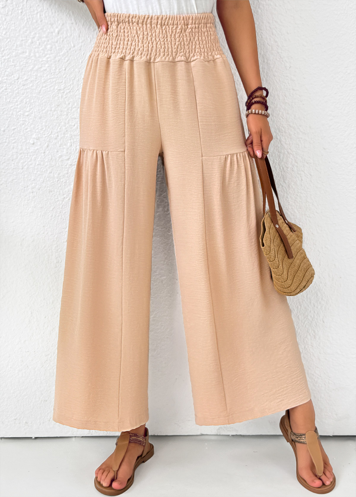 Light Coffee Wide Leg Elastic Waist High Waisted Pants | picture 