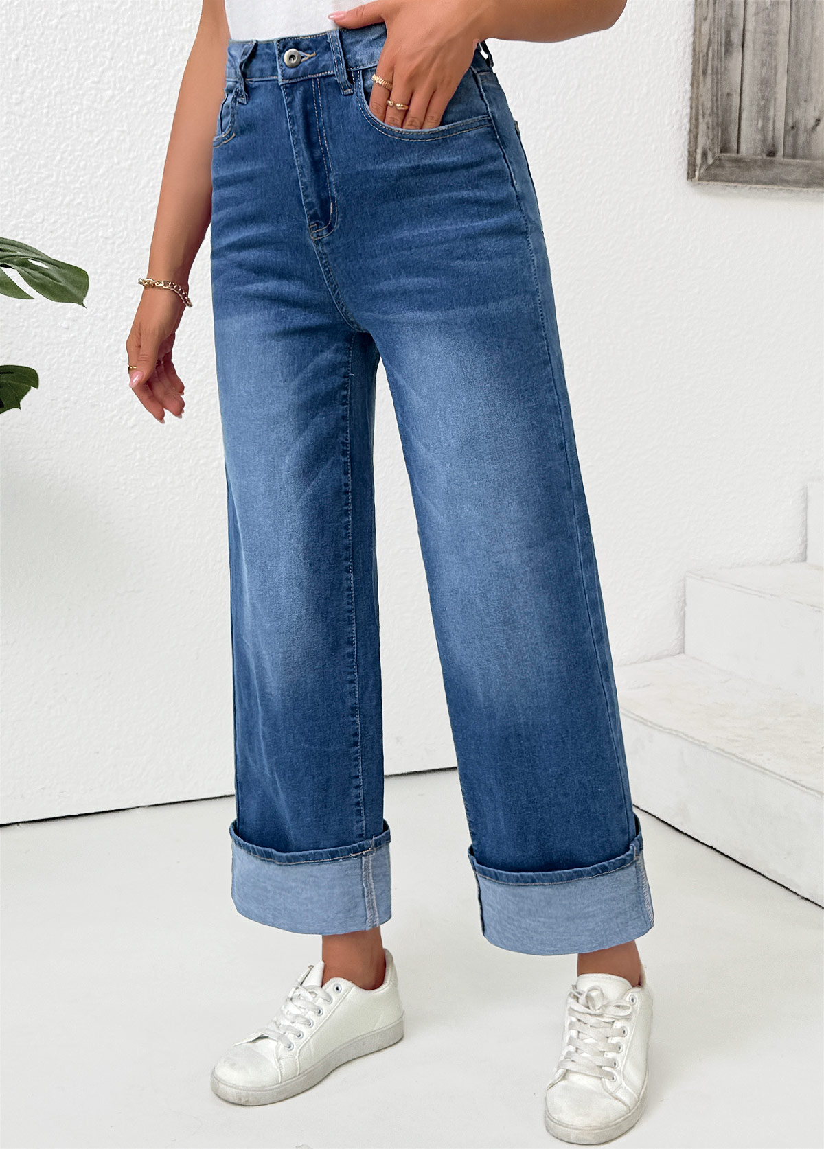 Denim Blue Pocket Wide Leg Button Fly Pants | picture 