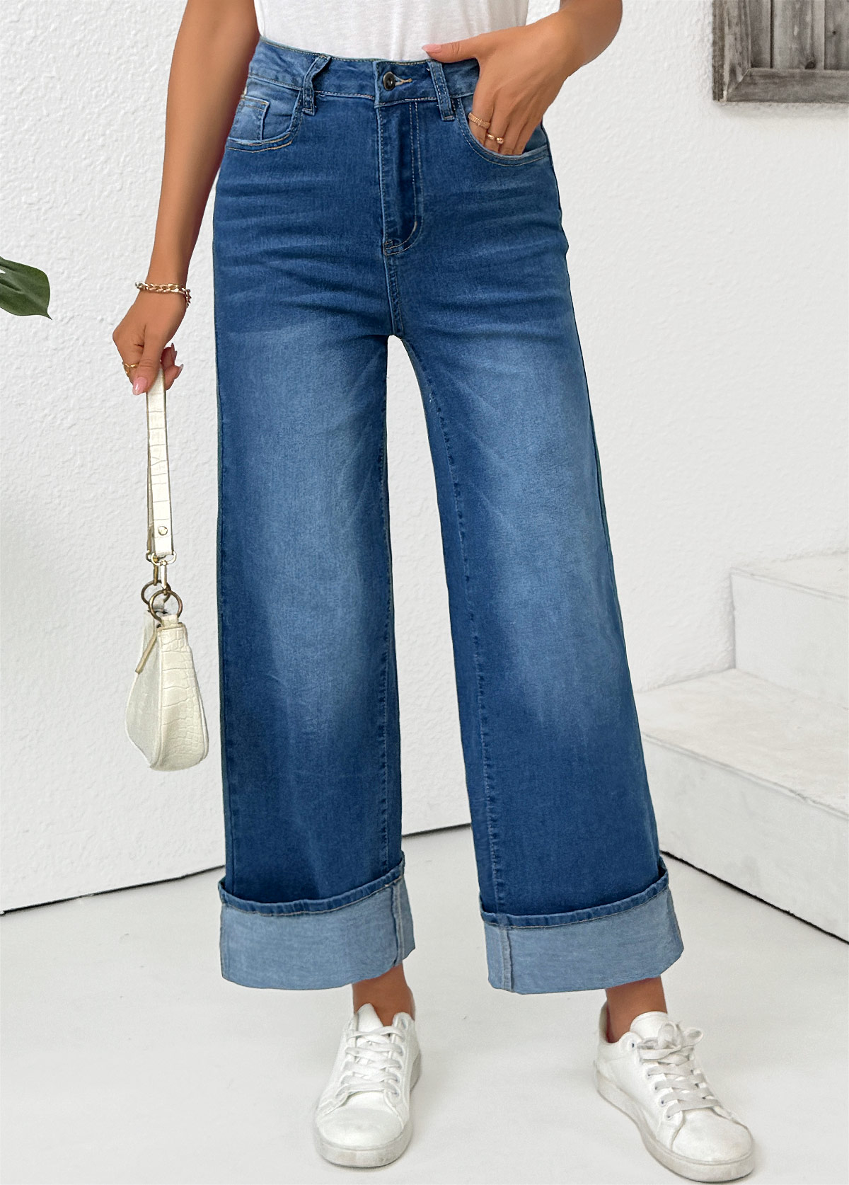 Denim Blue Pocket Wide Leg Button Fly Pants | picture 