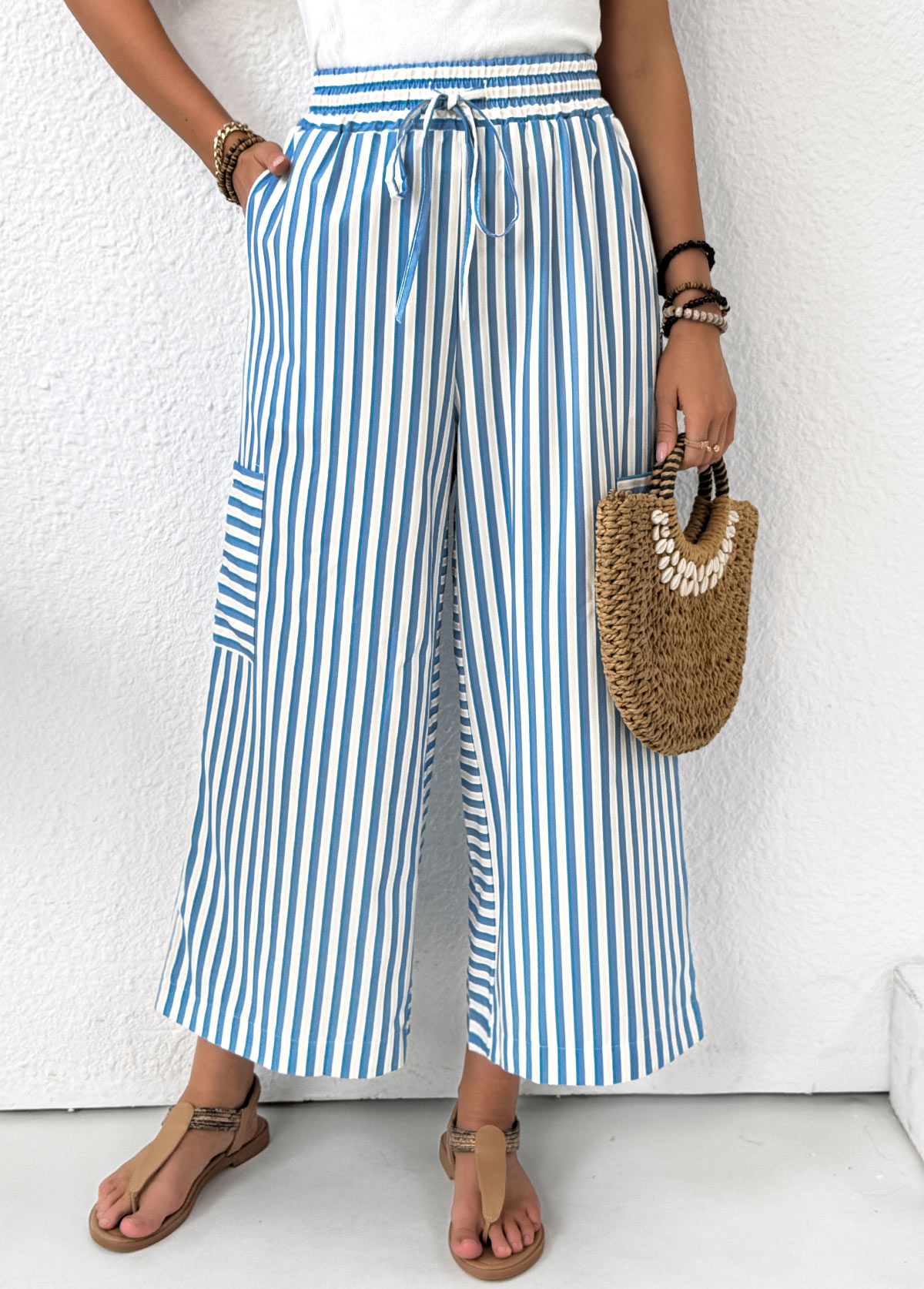 Light Blue Pocket Striped Wide Leg Elastic Waist Pants | picture 