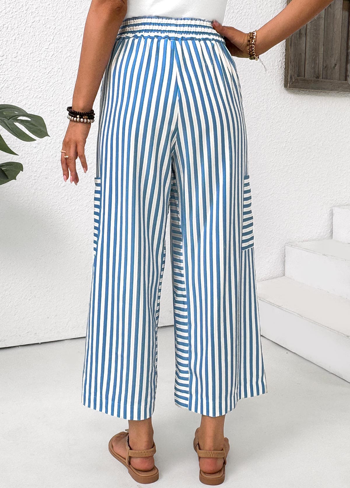 Light Blue Pocket Striped Wide Leg Elastic Waist Pants | picture 