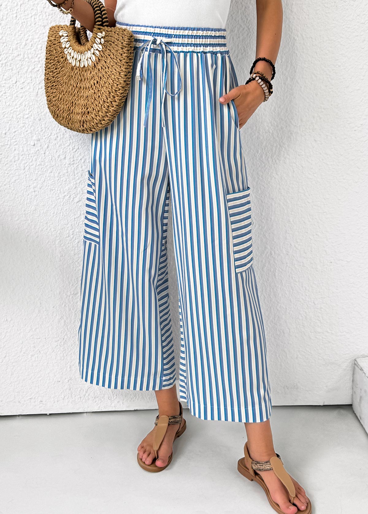 Light Blue Pocket Striped Wide Leg Elastic Waist Pants | picture 