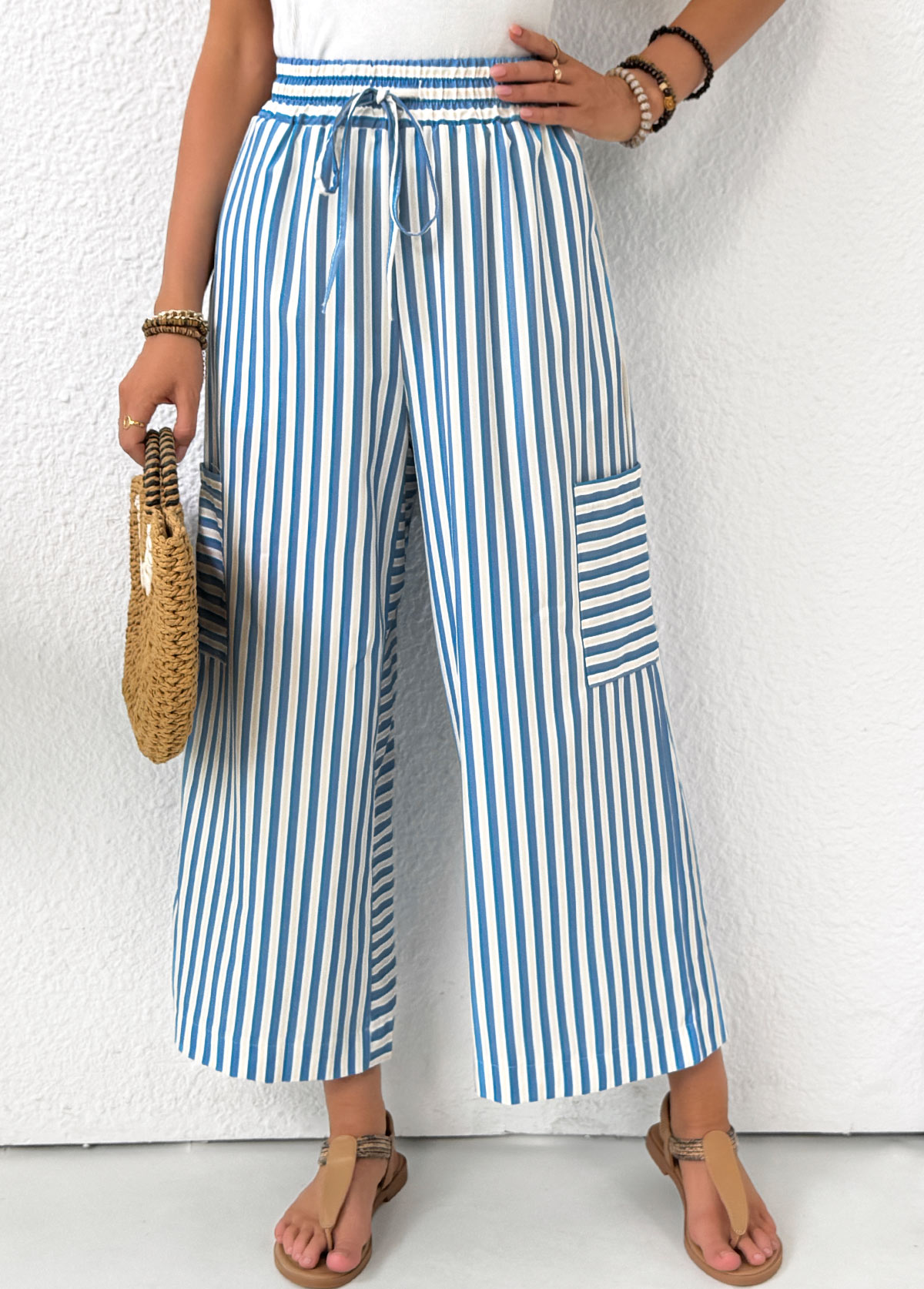 Light Blue Pocket Striped Wide Leg Elastic Waist Pants | picture 