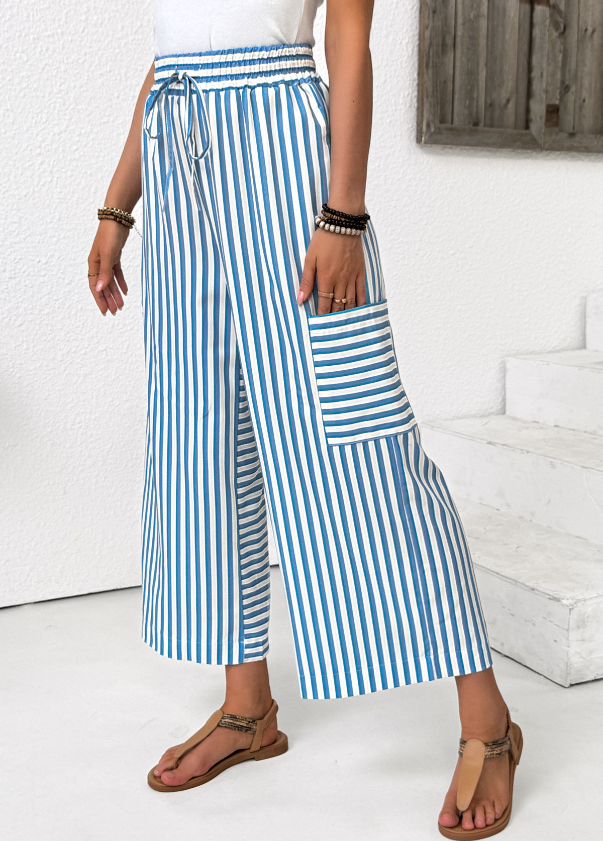 Light Blue Pocket Striped Wide Leg Elastic Waist Pants | picture 
