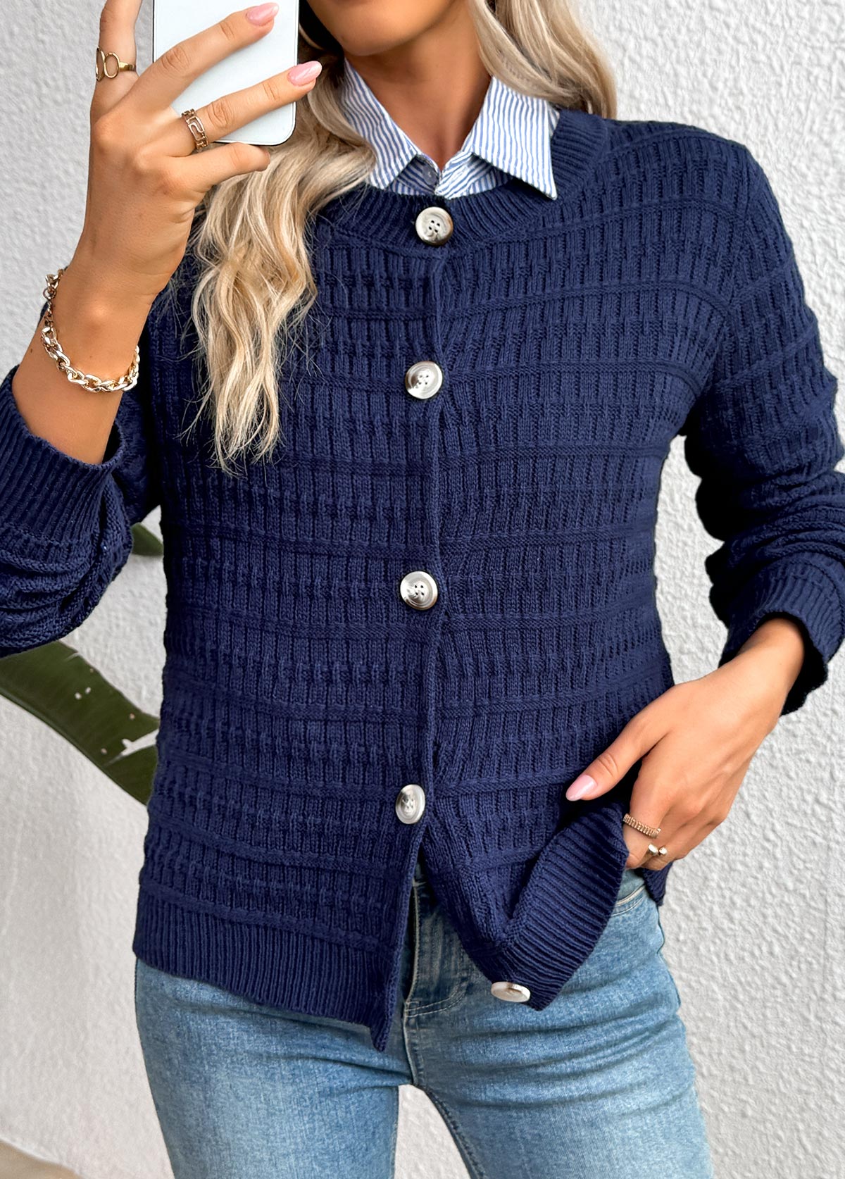 Navy Button Long Sleeve Round Neck Cardigan | picture 