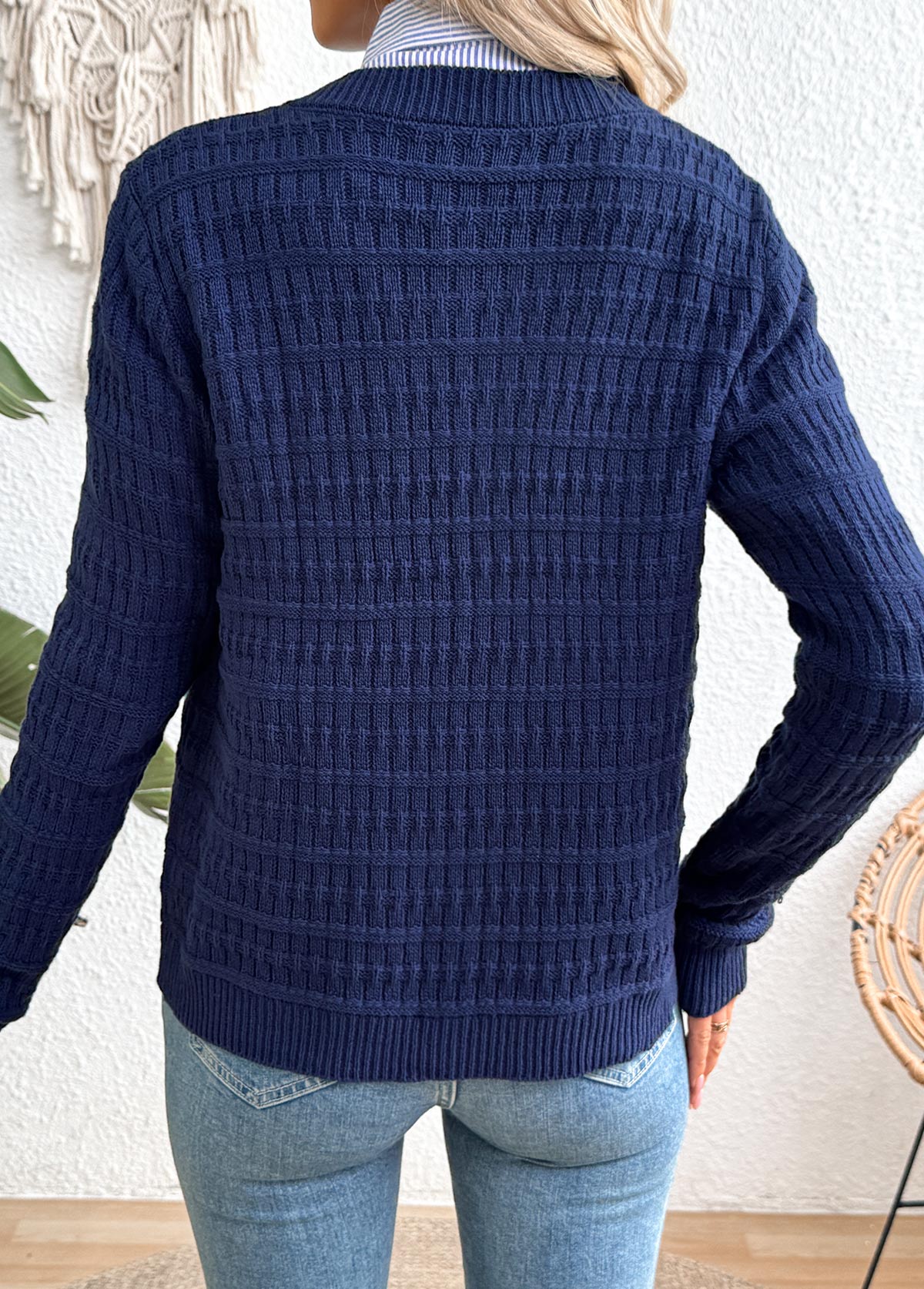 Navy Button Long Sleeve Round Neck Cardigan | picture 