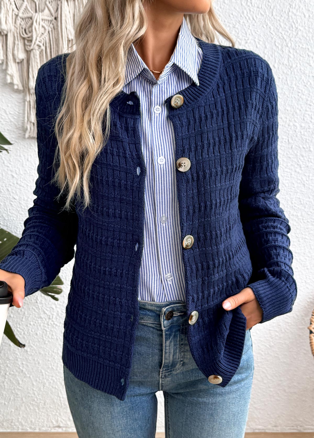 Navy Button Long Sleeve Round Neck Cardigan | picture 