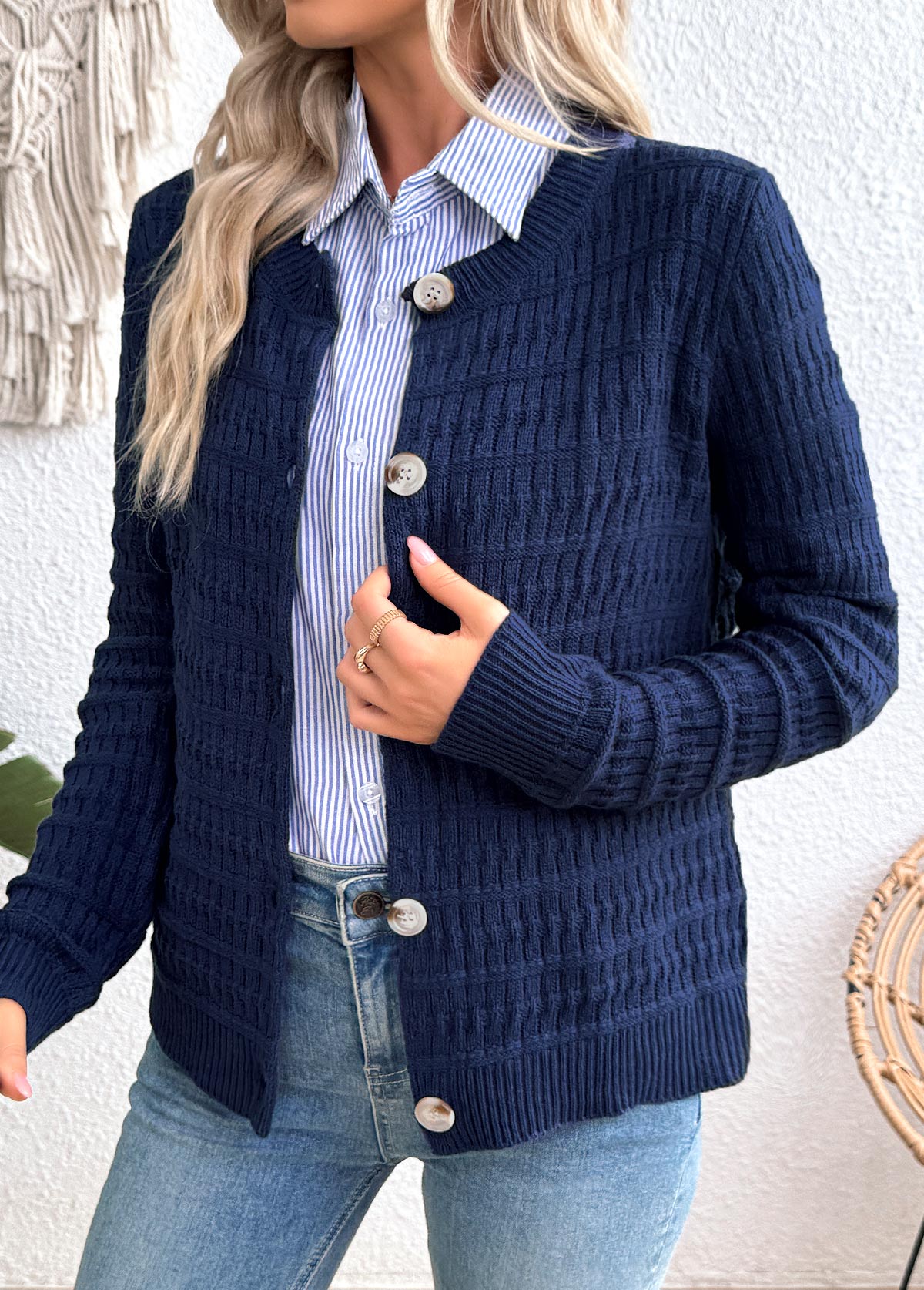 Navy Button Long Sleeve Round Neck Cardigan | picture 