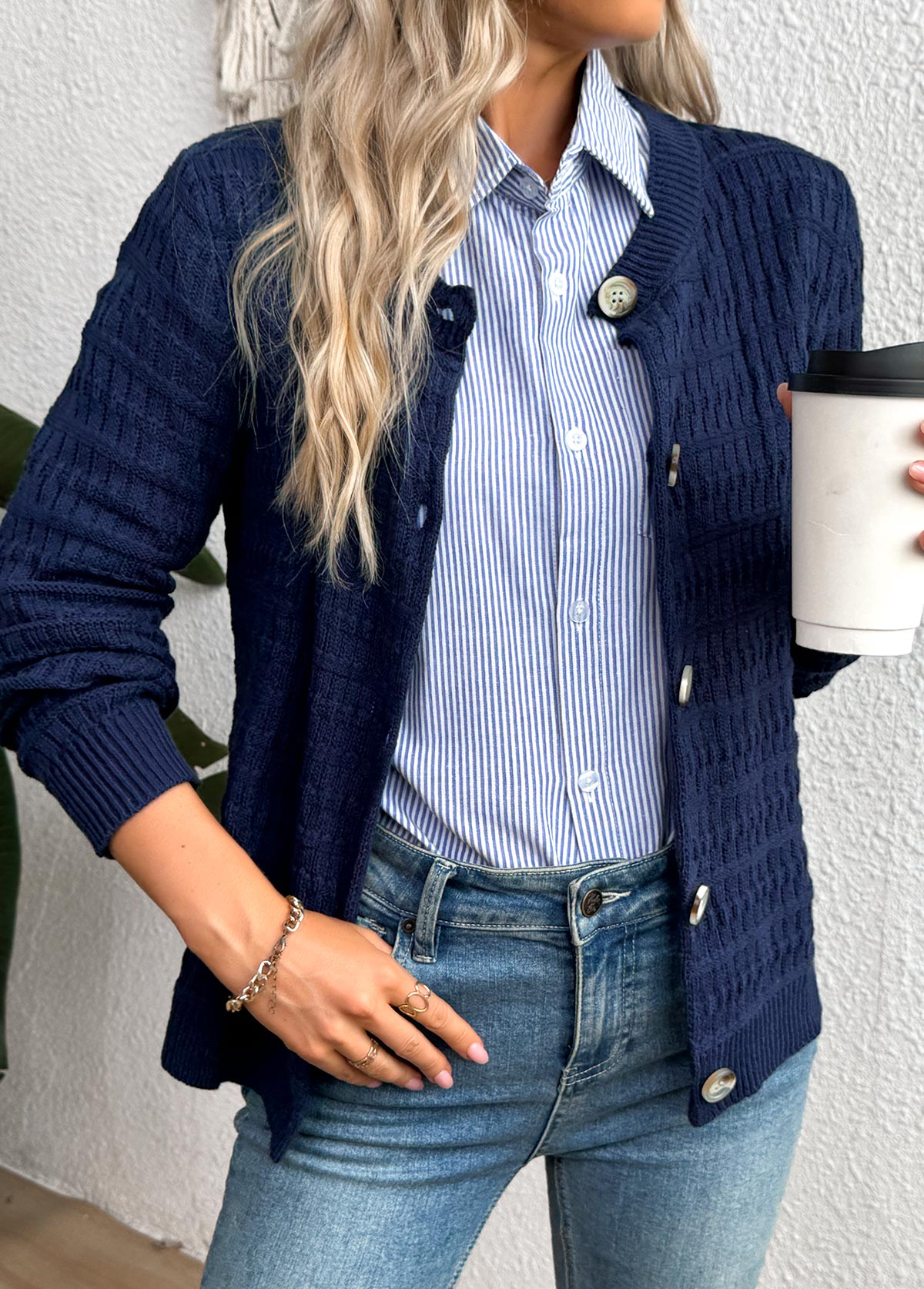 Navy Button Long Sleeve Round Neck Cardigan | picture 