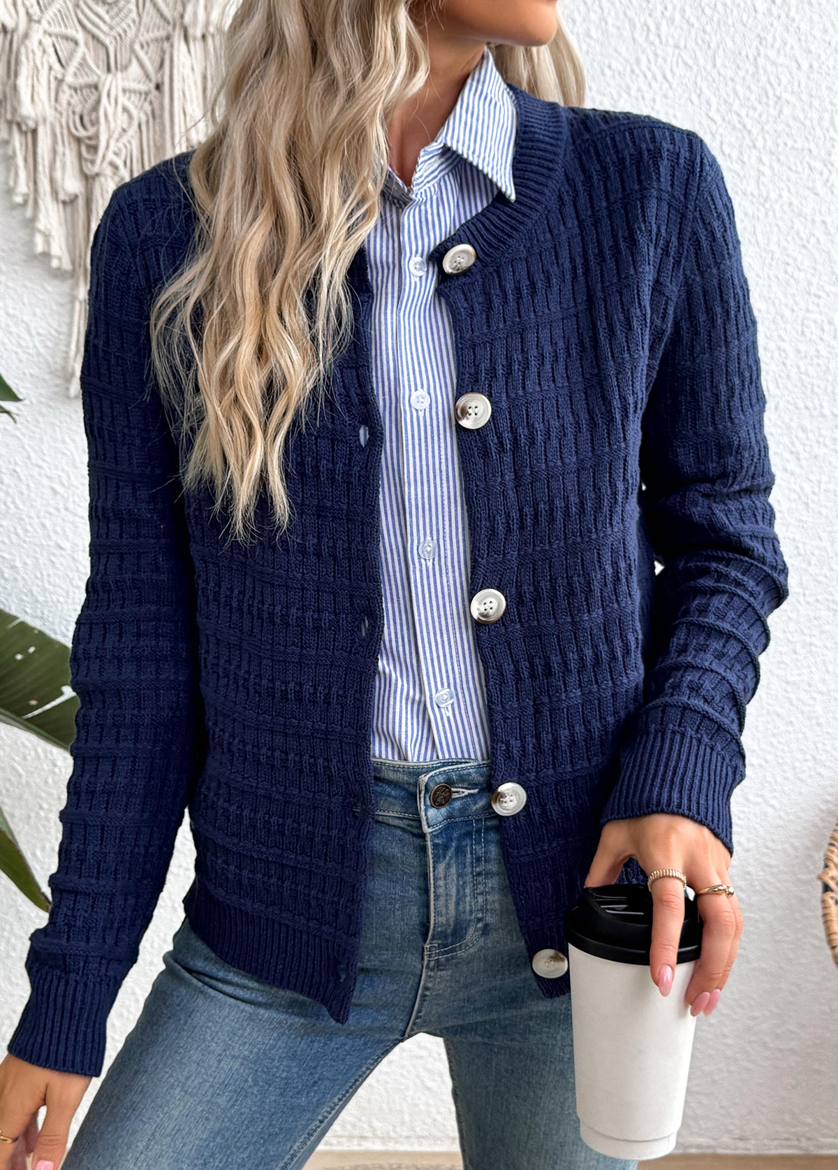 Navy Button Long Sleeve Round Neck Cardigan | picture 