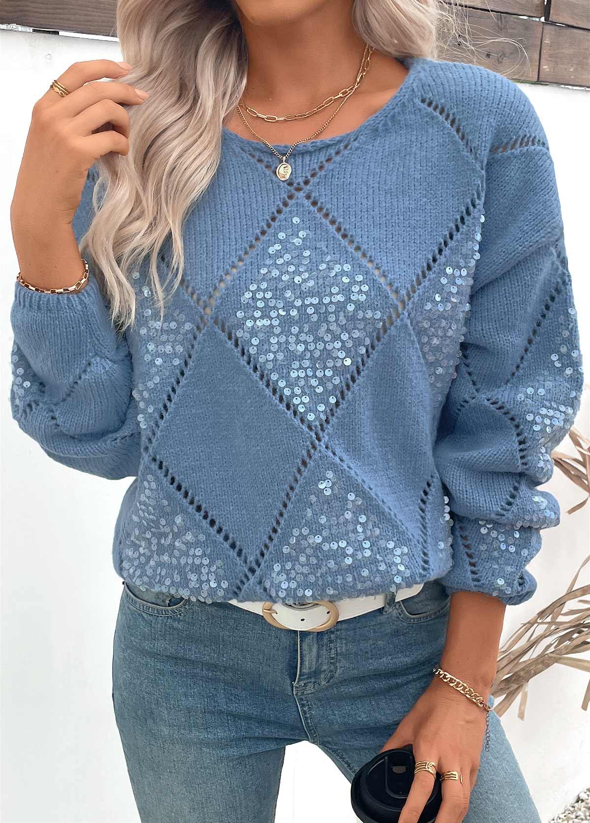 Dusty Blue Tummy Coverage Long Sleeve Round Neck Sweater | picture 