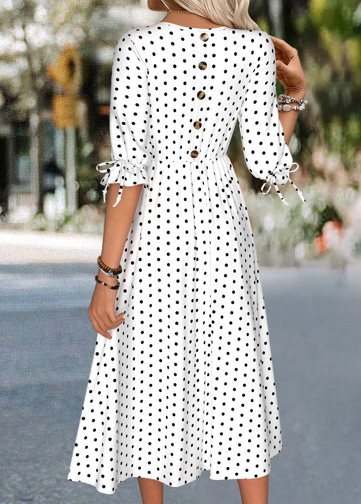 White Polka Dot Half Sleeve Round Neck Dress | picture 