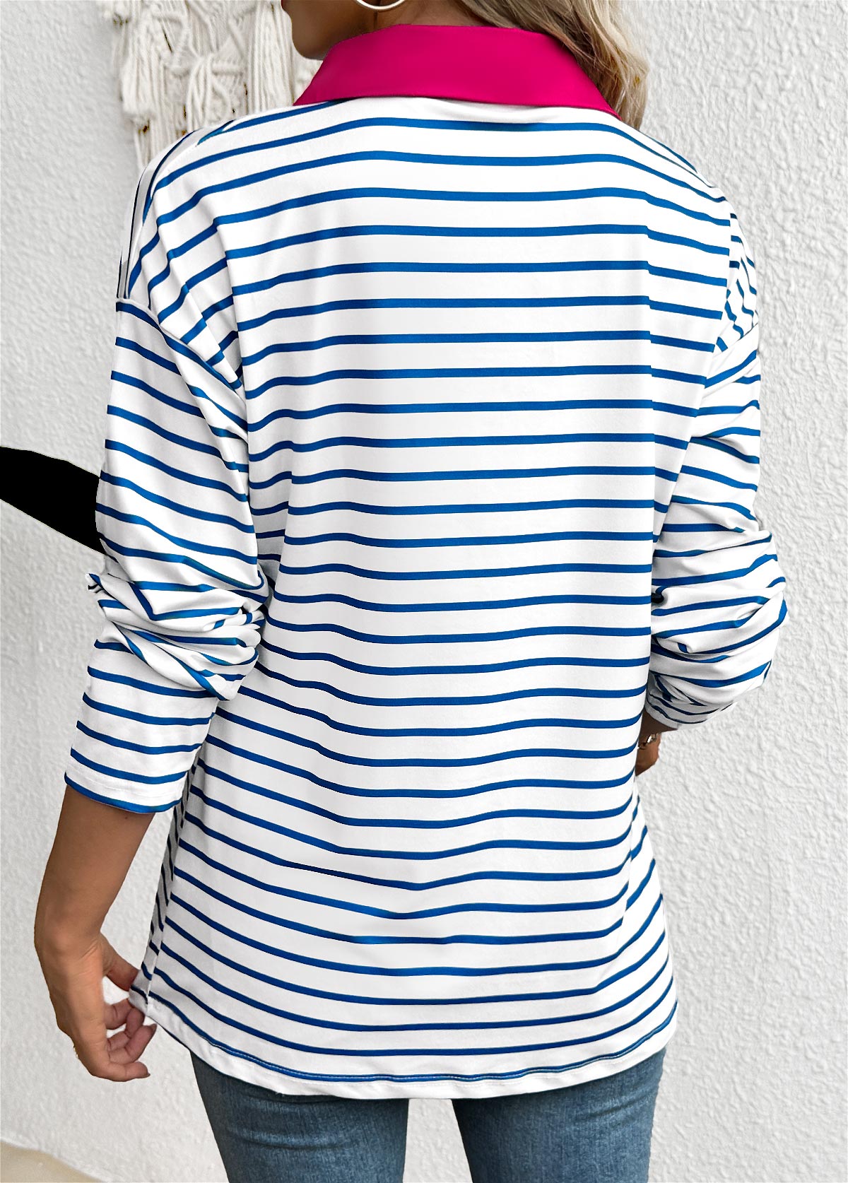 White Striped Long Sleeve Split Neck T Shirt | picture 