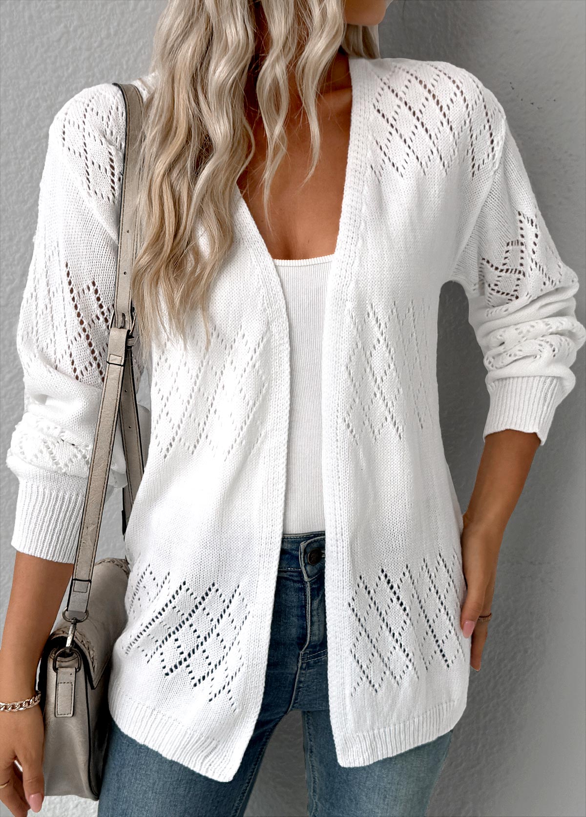 White Tummy Coverage Hollowedout Long Sleeve Cardigan | picture 