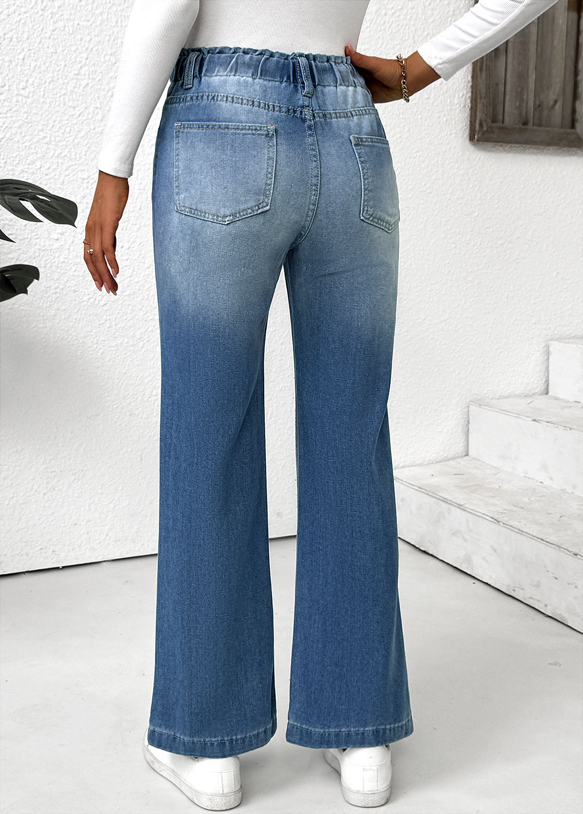 Light Blue Pocket Wide Leg Elastic Waist Pants | picture 