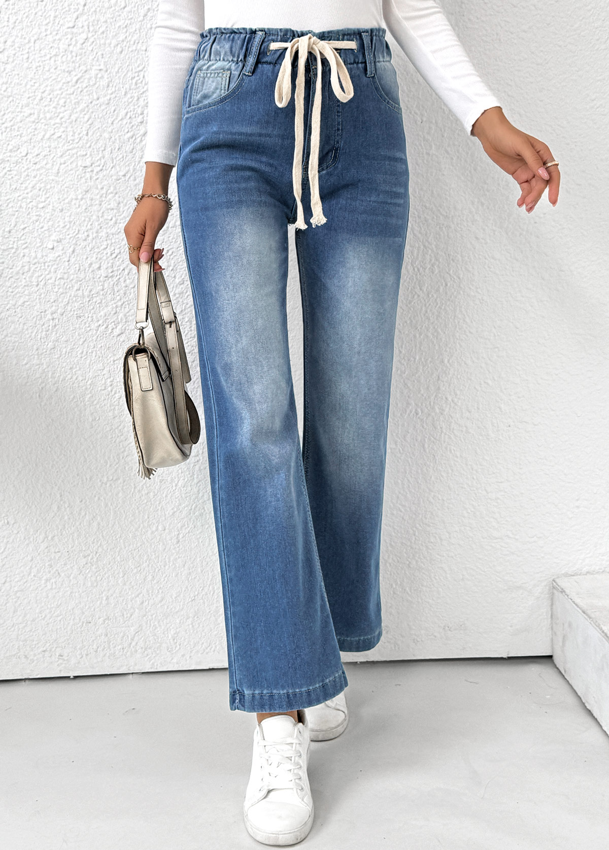 Light Blue Pocket Wide Leg Elastic Waist Pants | picture 