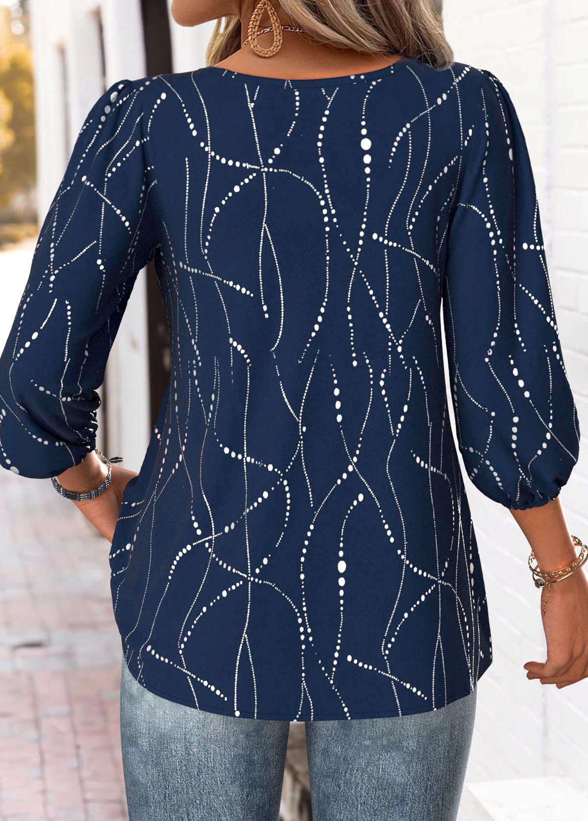 Navy Geometric Print 3/4 Sleeve Split Neck Blouse | picture 