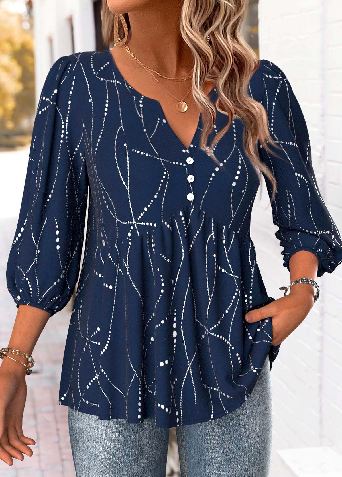 Navy Geometric Print 3/4 Sleeve Split Neck Blouse | picture 