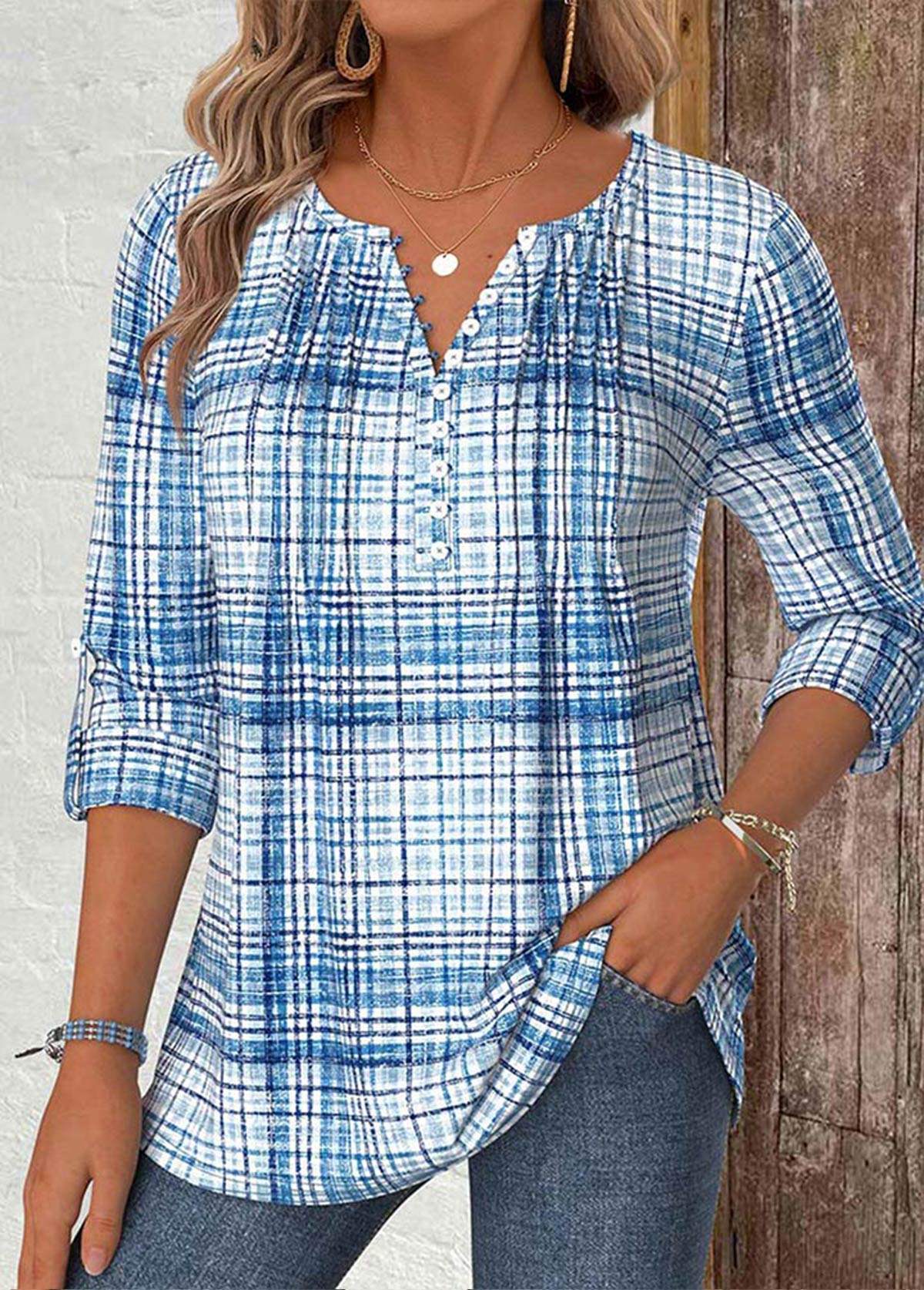 Light Blue Plaid Long Sleeve Split Neck Shirt | picture 