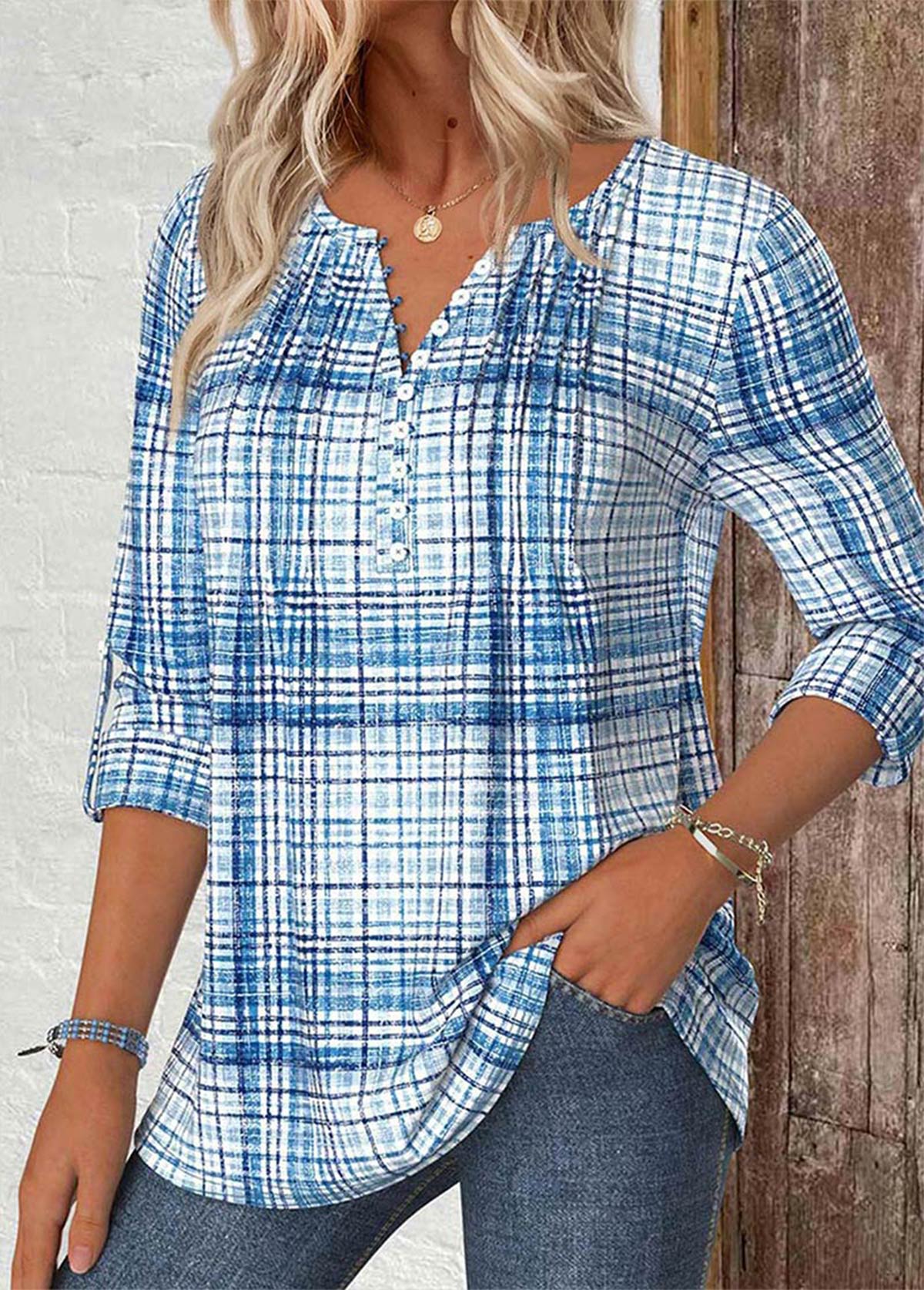 Light Blue Plaid Long Sleeve Split Neck Shirt | picture 