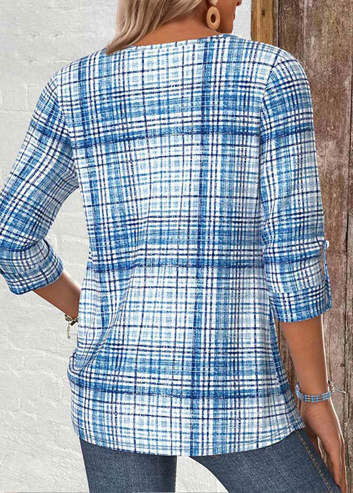 Light Blue Plaid Long Sleeve Split Neck Shirt | picture 