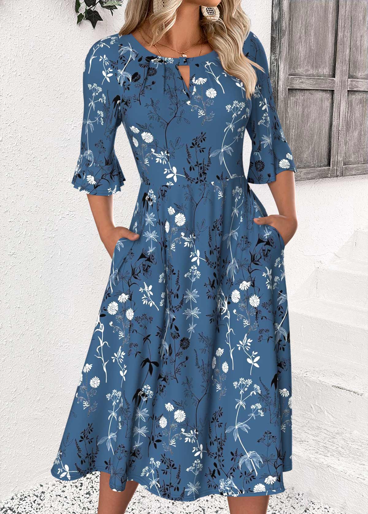Peacock Blue Floral Print 3/4 Sleeve Round Neck Dress | picture 