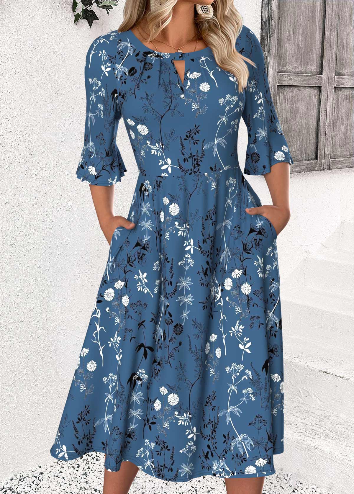Peacock Blue Floral Print 3/4 Sleeve Round Neck Dress | picture 