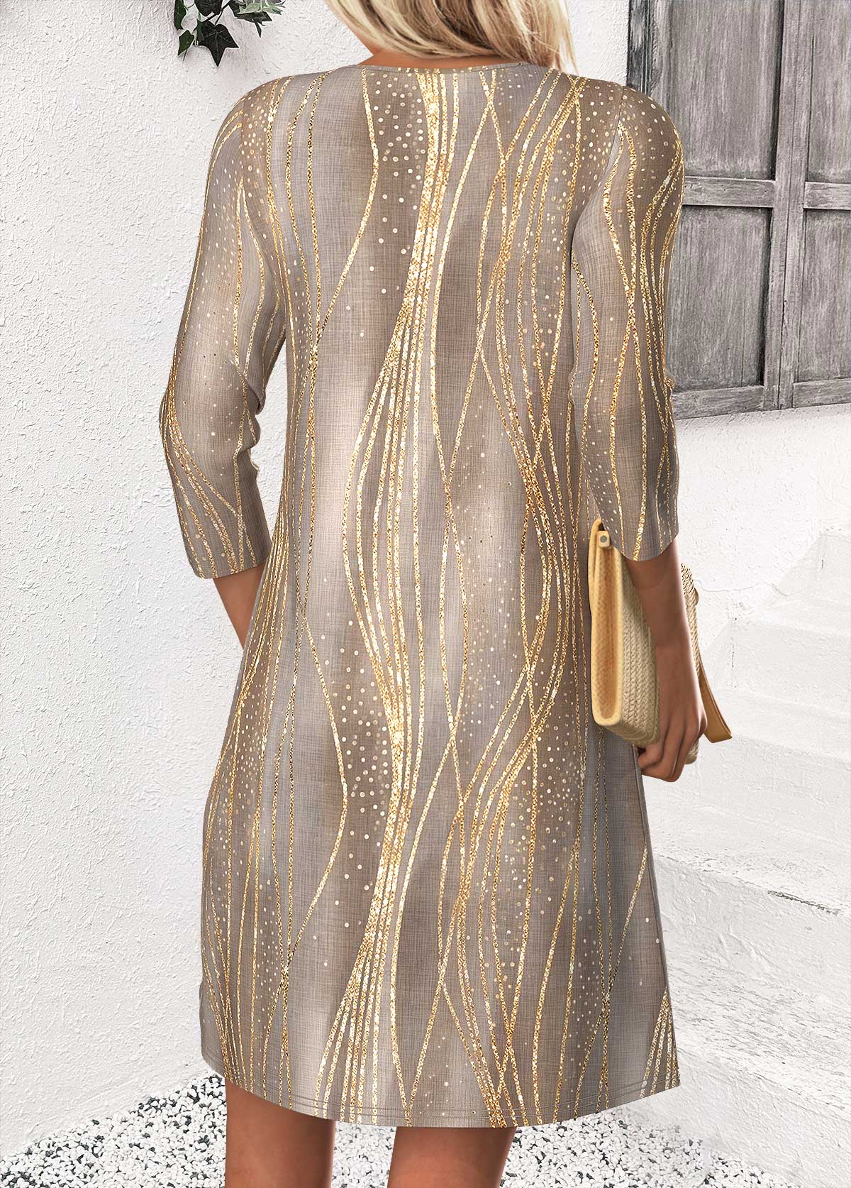 Light Coffee Short 3/4 Sleeve Split Neck Dress | picture 