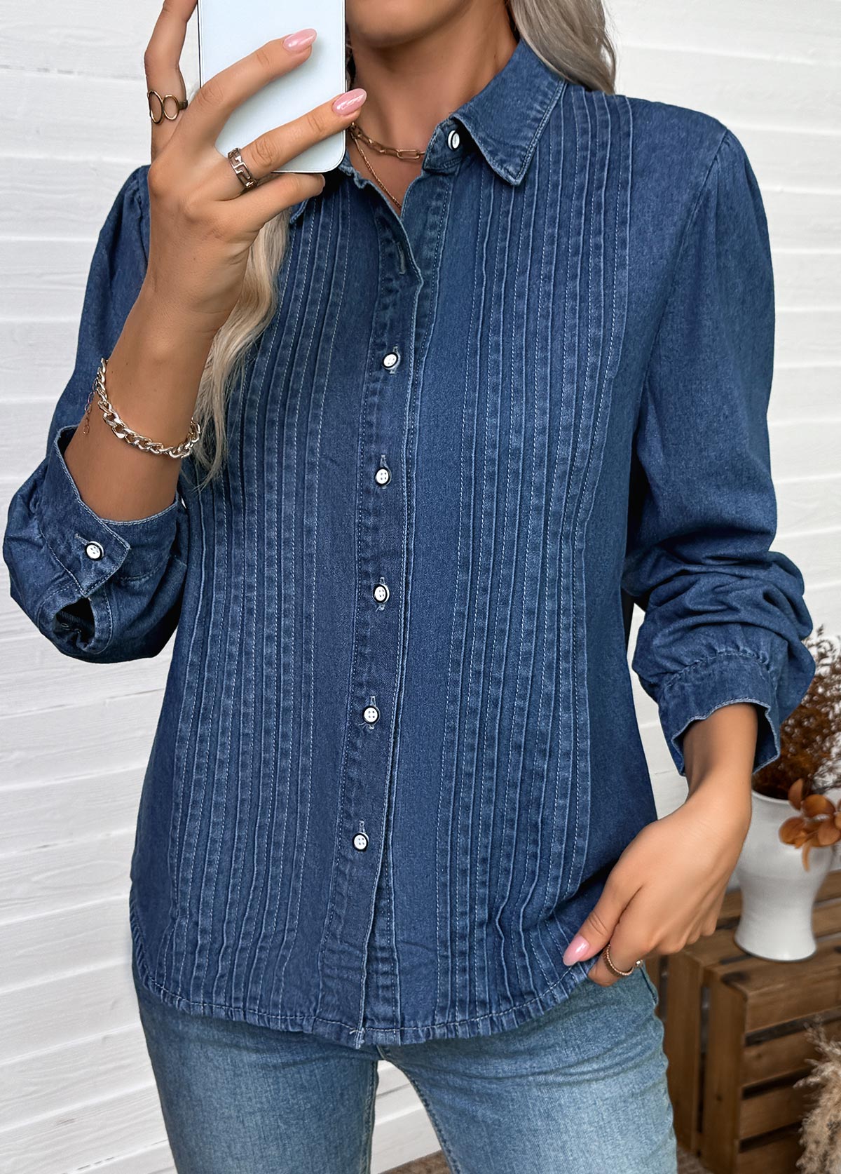 Denim Blue Tummy Coverage Long Sleeve Shirt | picture 
