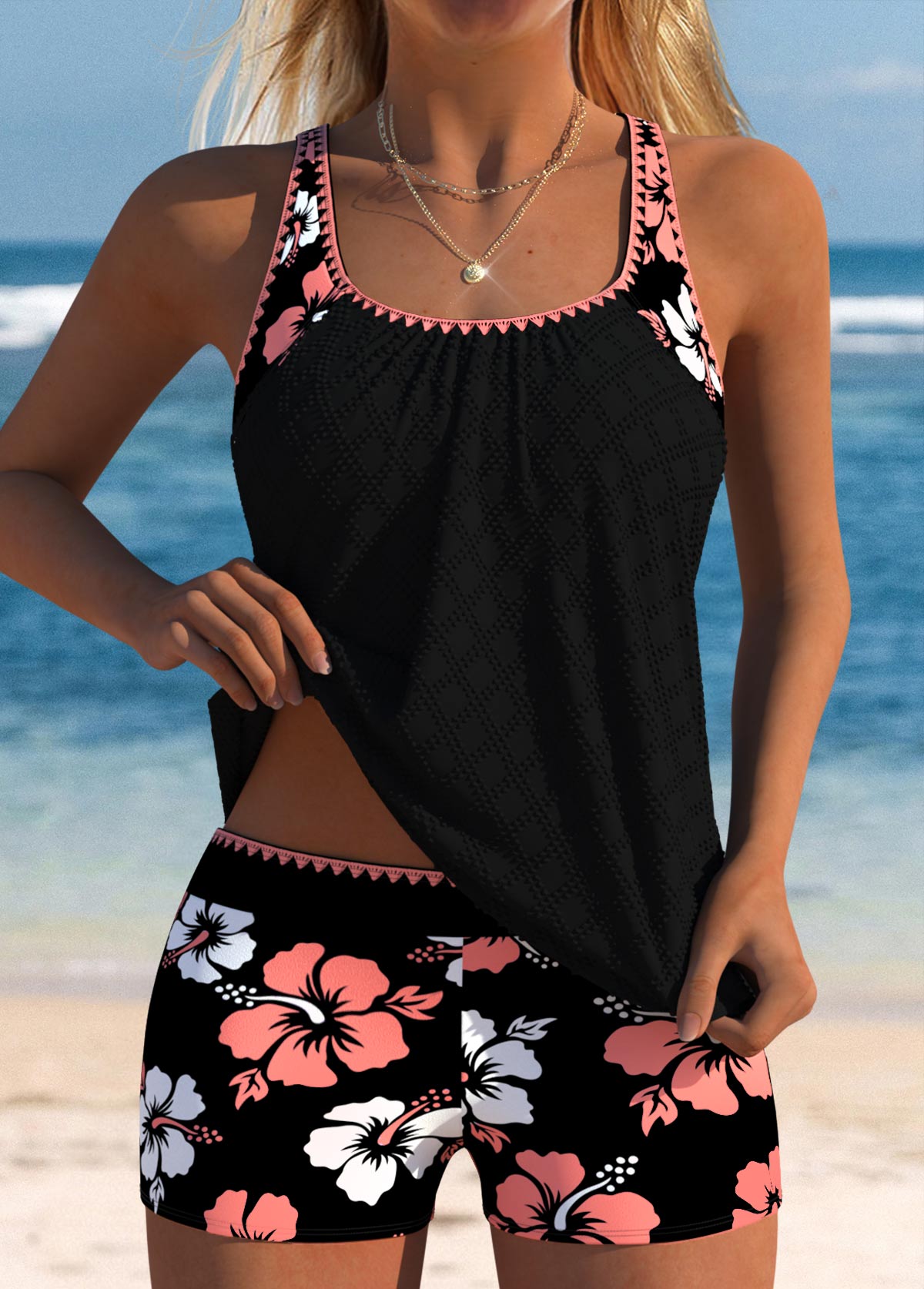 Mid Waisted Floral Print Coral Tankini Set | picture 