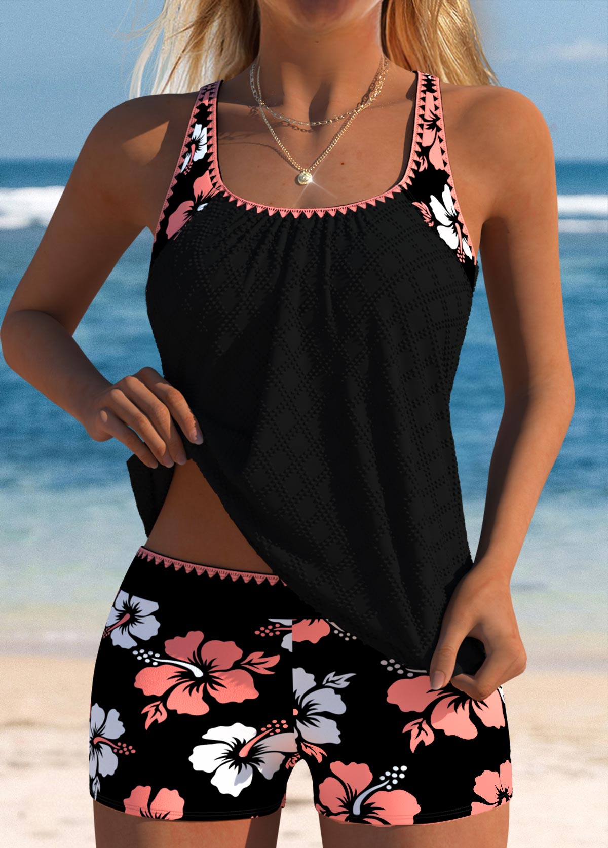 Mid Waisted Floral Print Coral Tankini Set | picture 