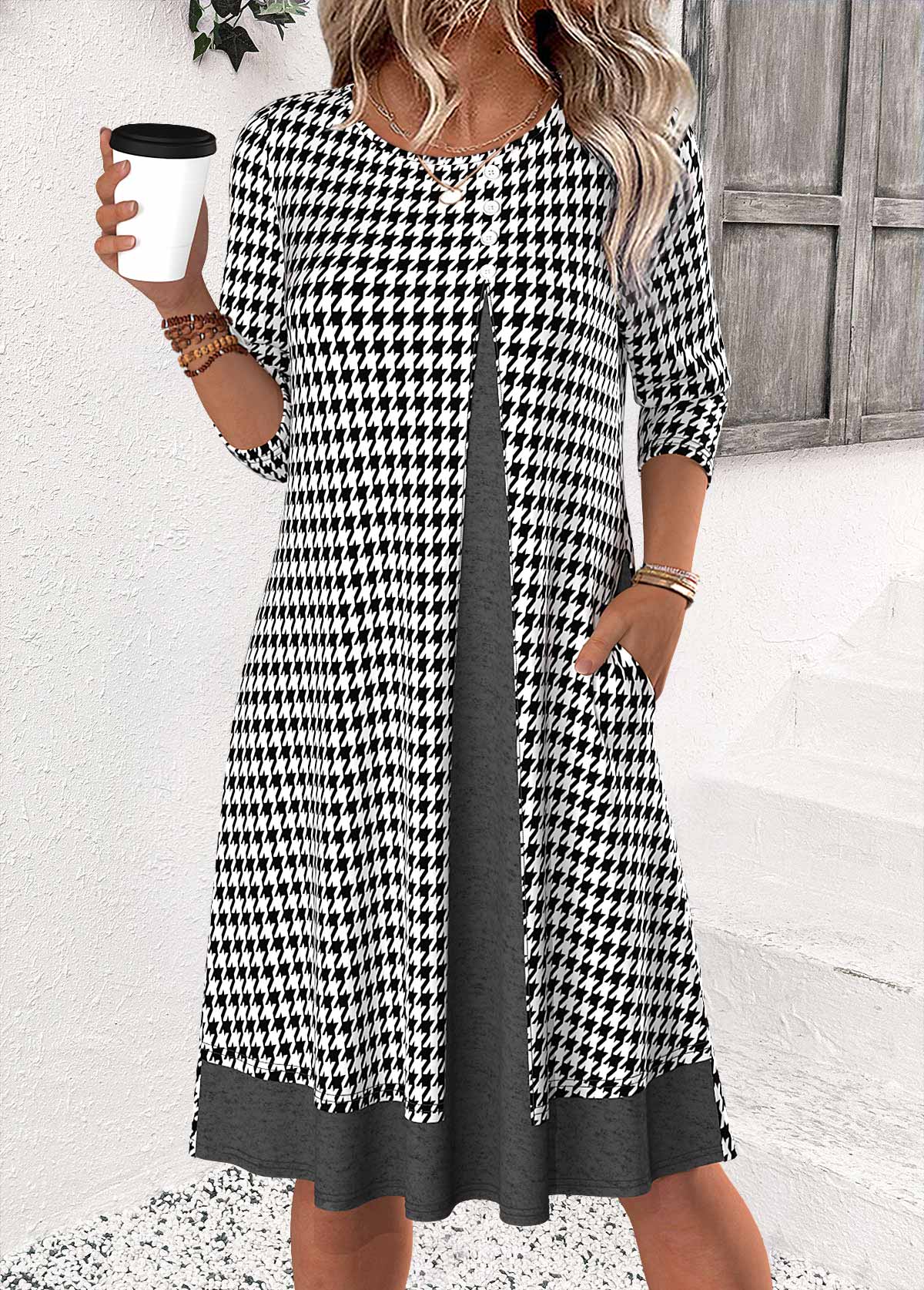 Black Plaid 3/4 Sleeve Round Neck Dress | picture 