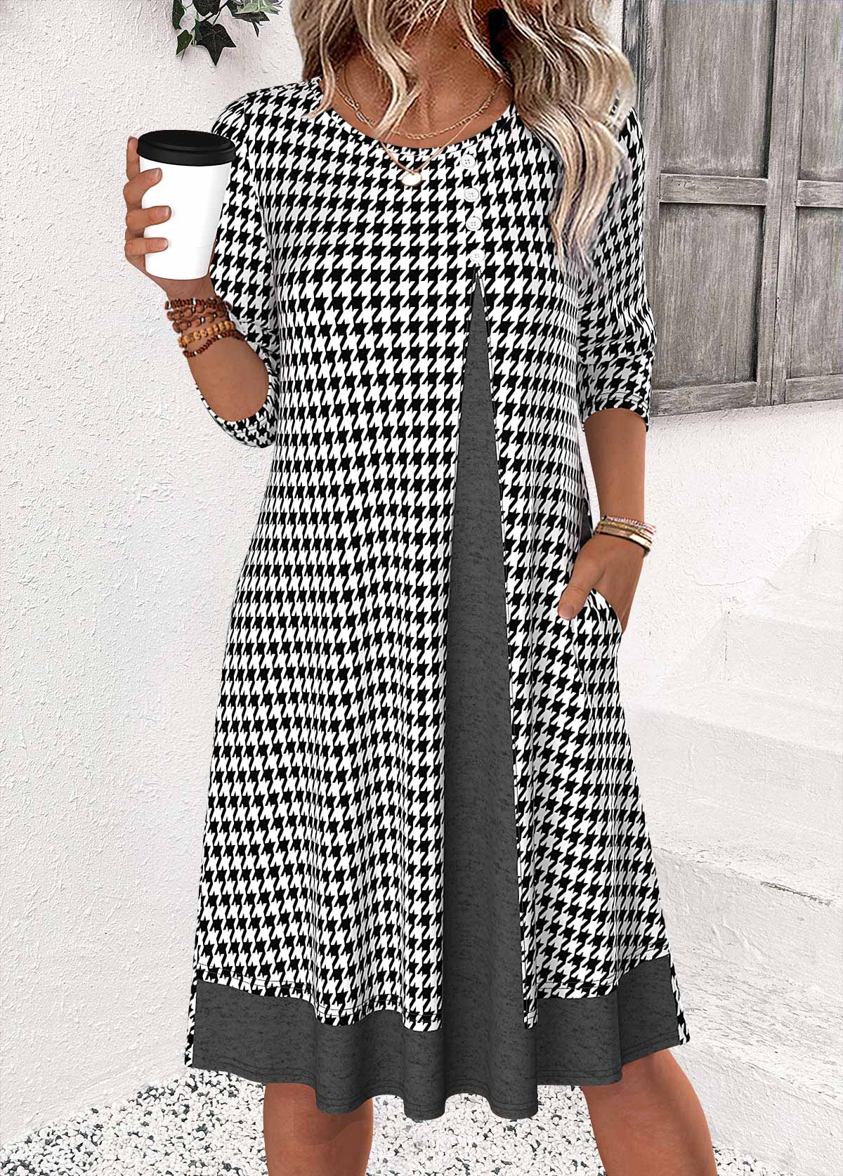 Black Plaid 3/4 Sleeve Round Neck Dress | picture 