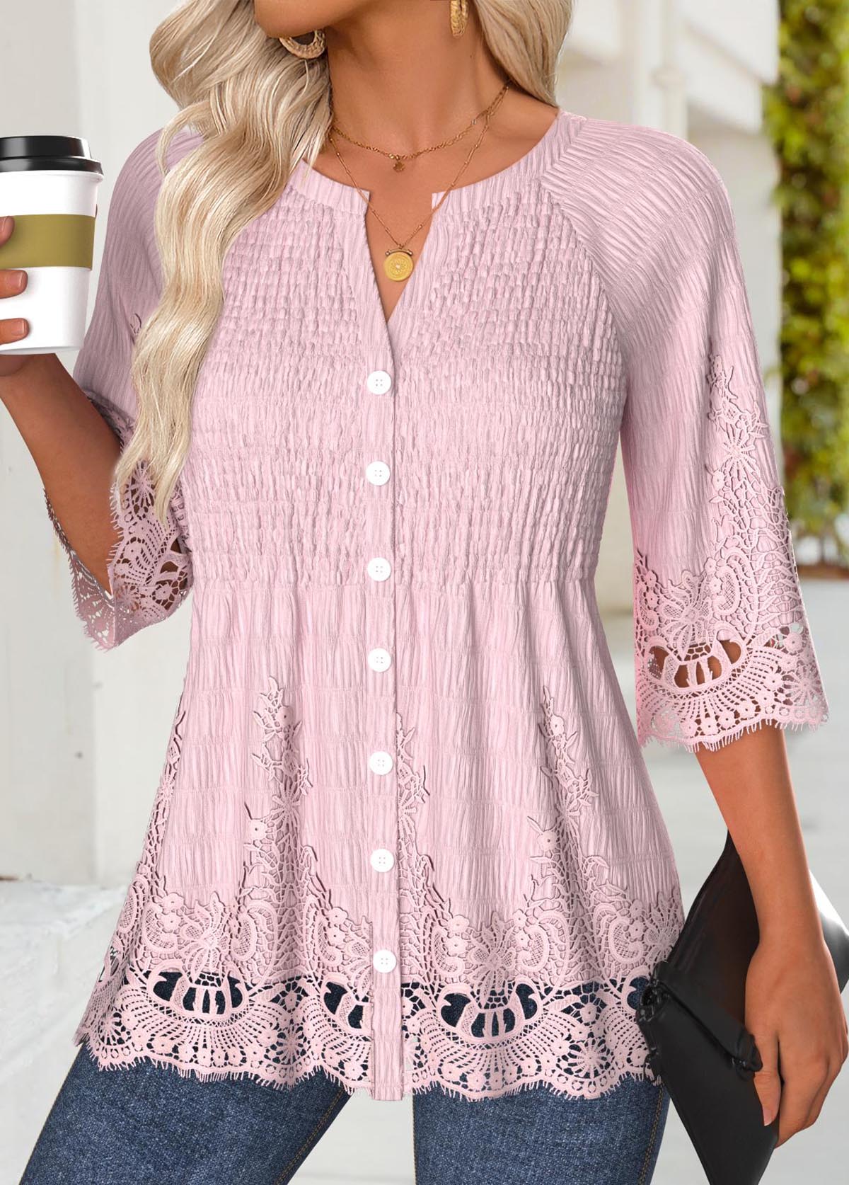 Light Pink 3/4 Sleeve Split Neck Blouse | picture 