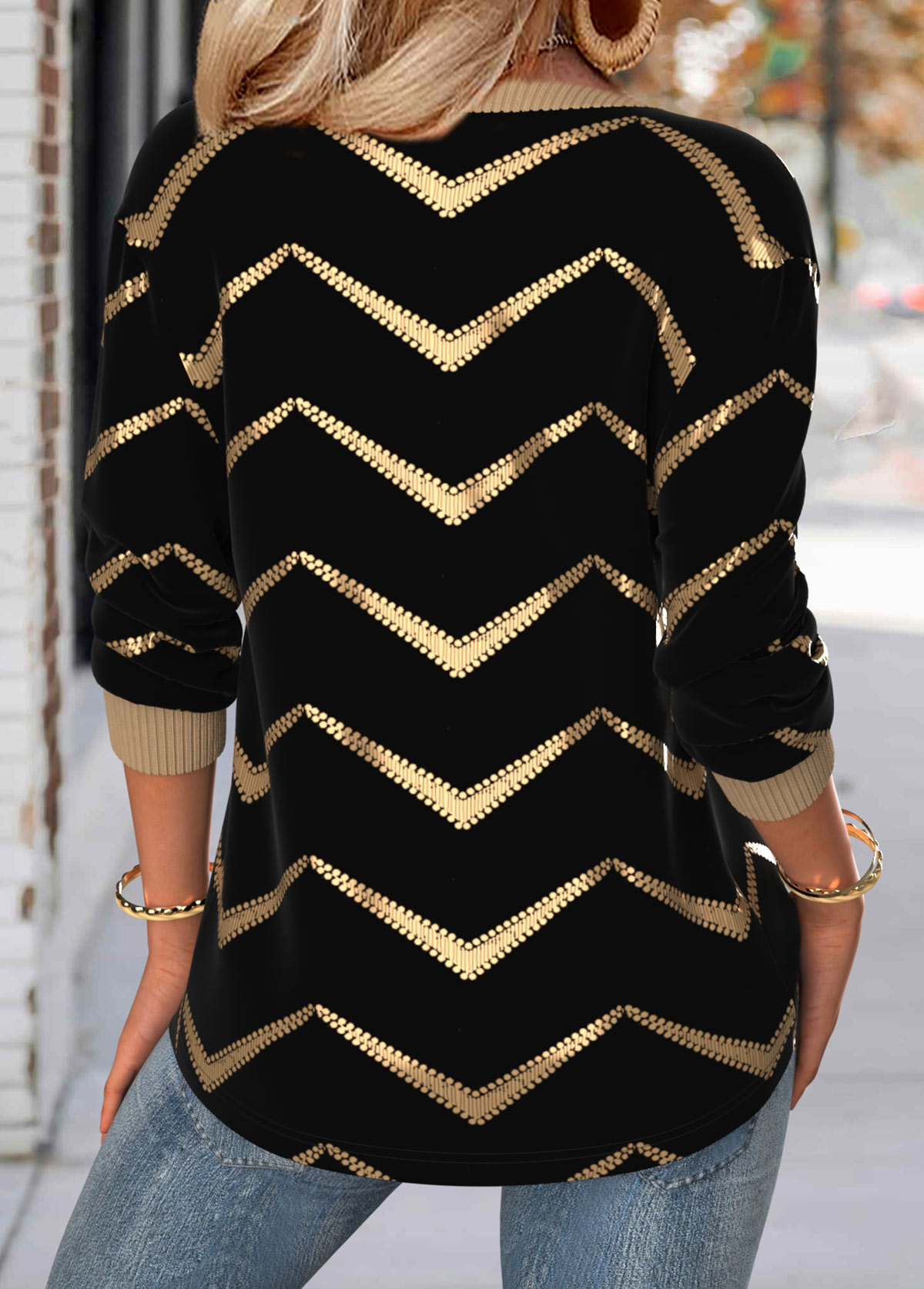 Black Geometric Print Long Sleeve Split Neck Sweatshirt | picture 
