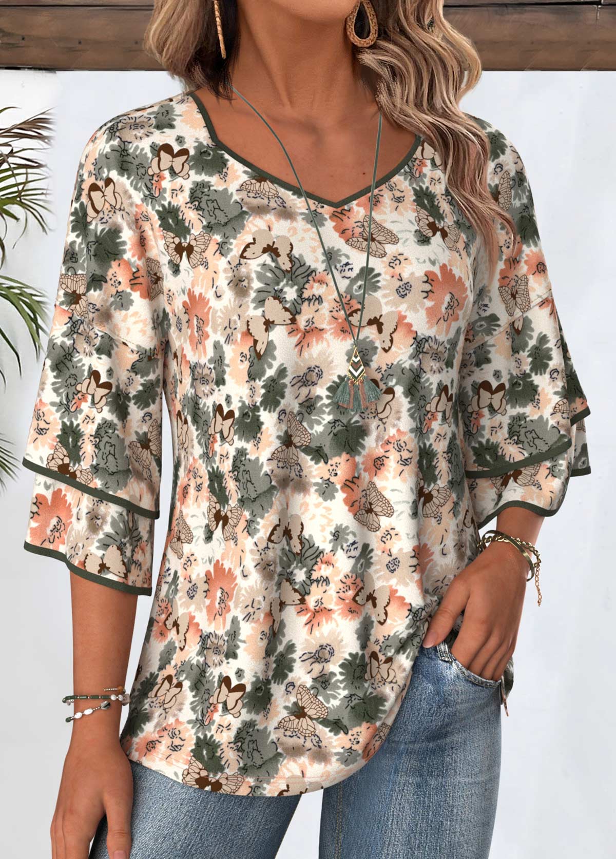 Multi Color Floral Print 3/4 Sleeve T Shirt | picture 