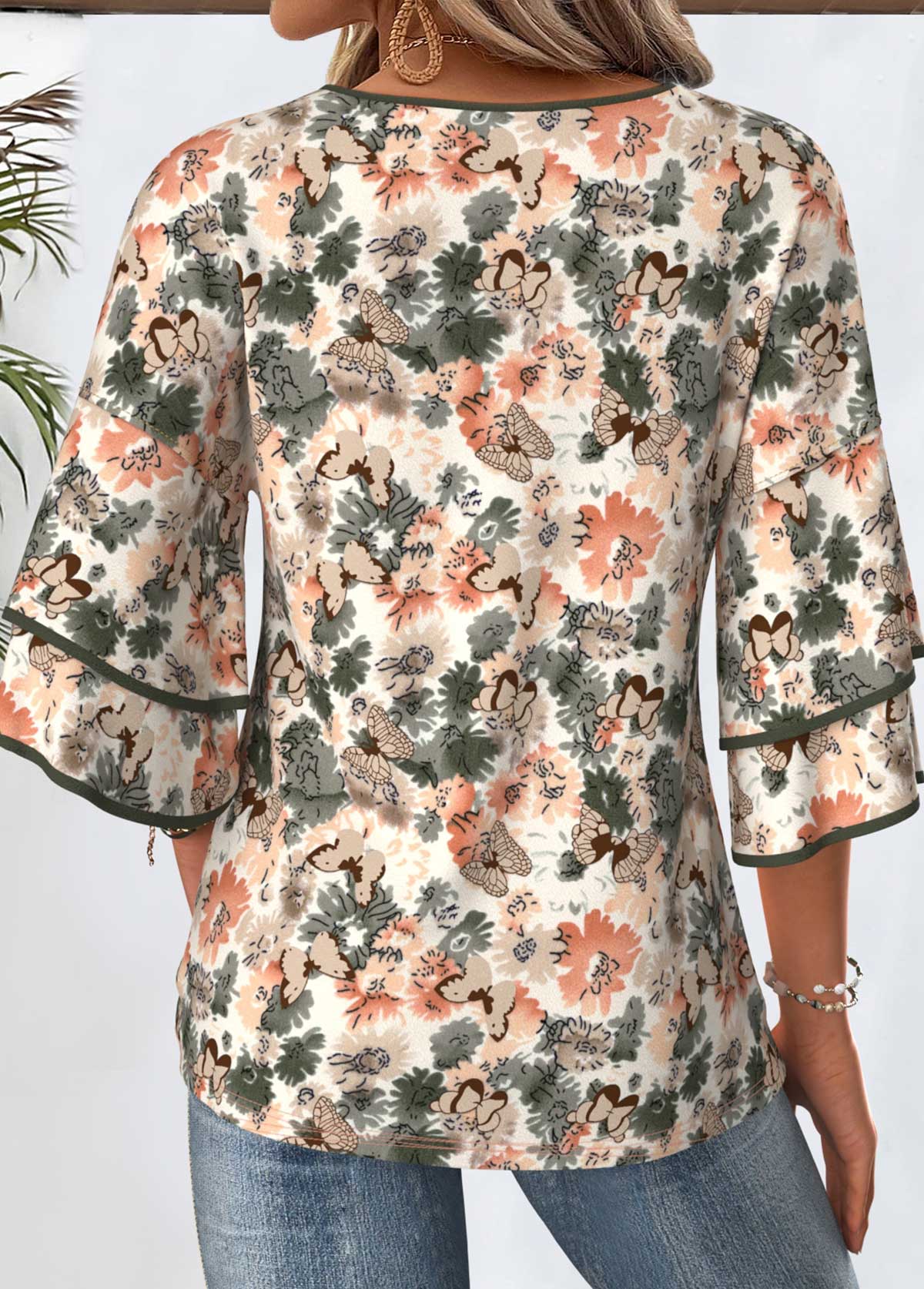 Multi Color Floral Print 3/4 Sleeve T Shirt | picture 