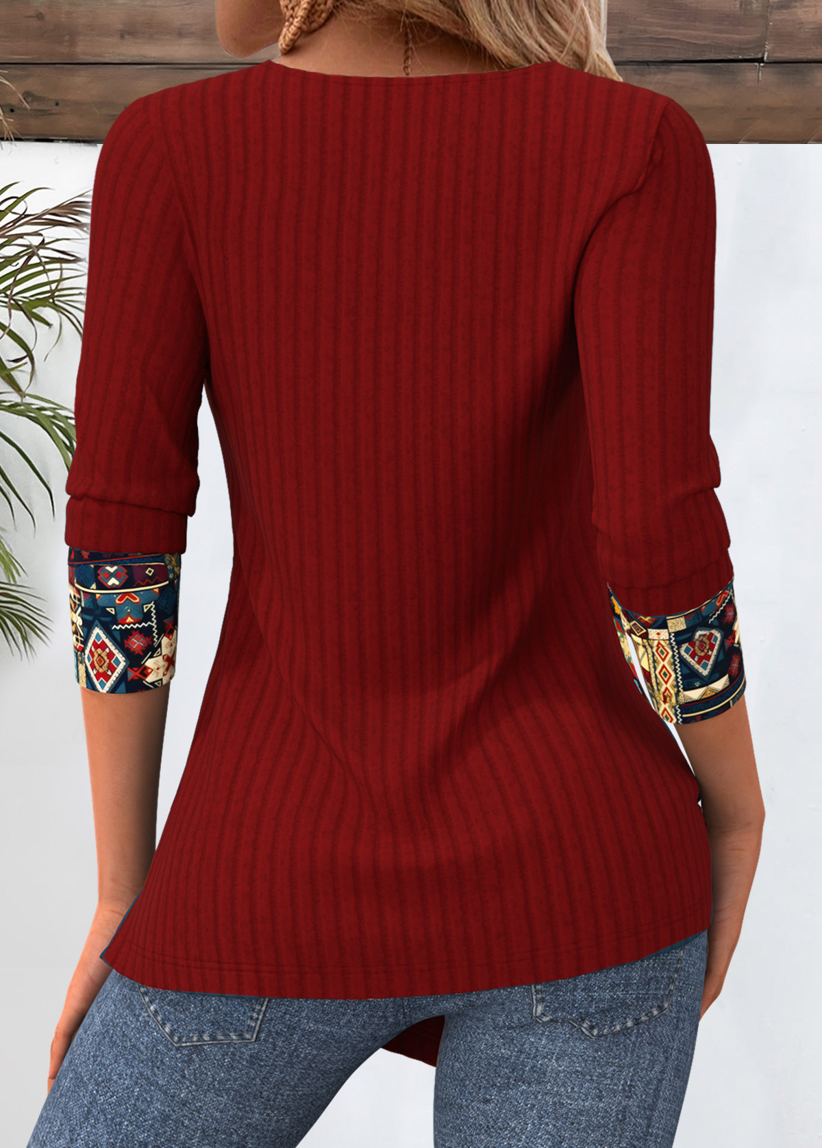 Peacock Blue Tribal Print Round Neck T Shirt | picture 