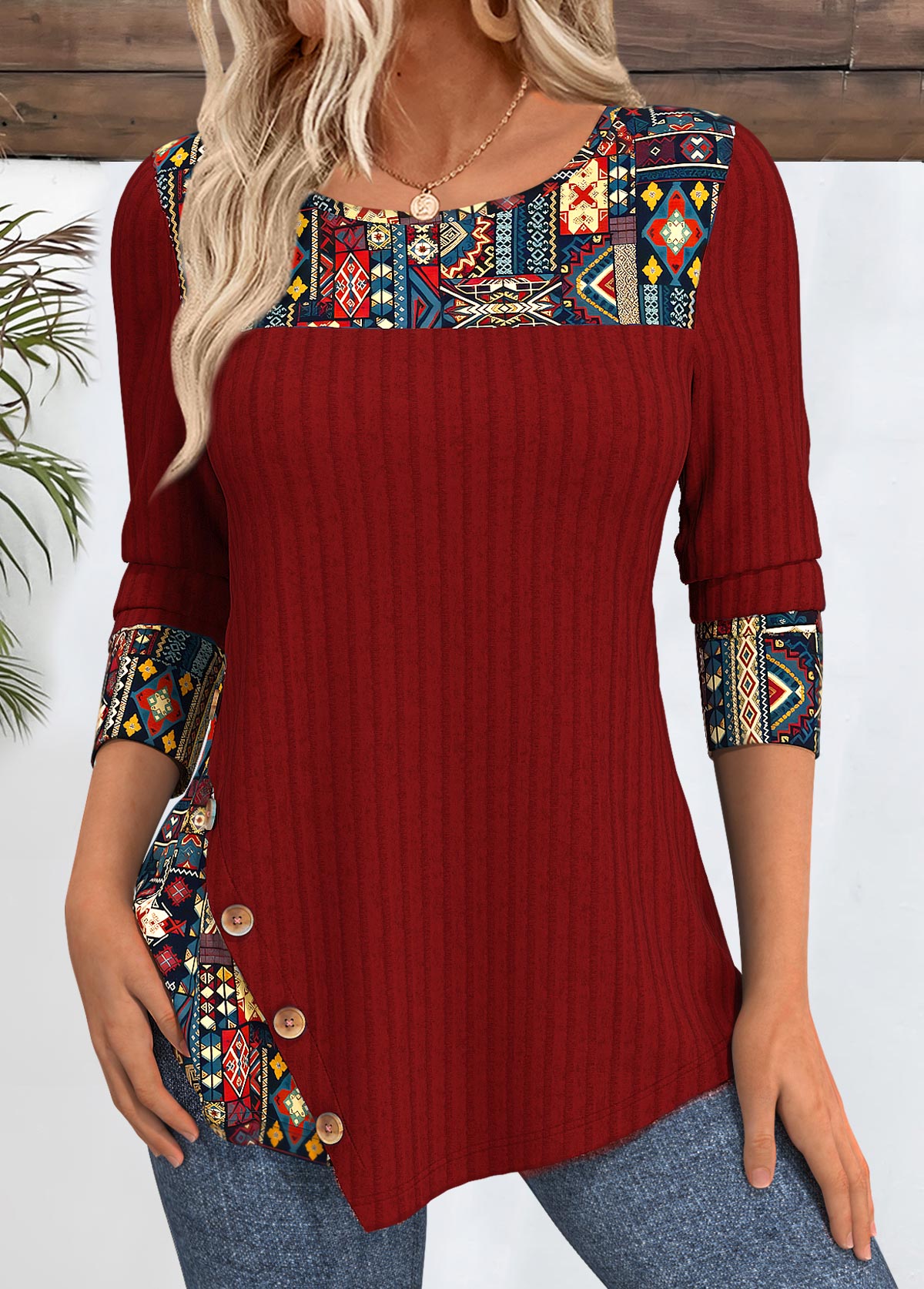 Peacock Blue Tribal Print Round Neck T Shirt | picture 