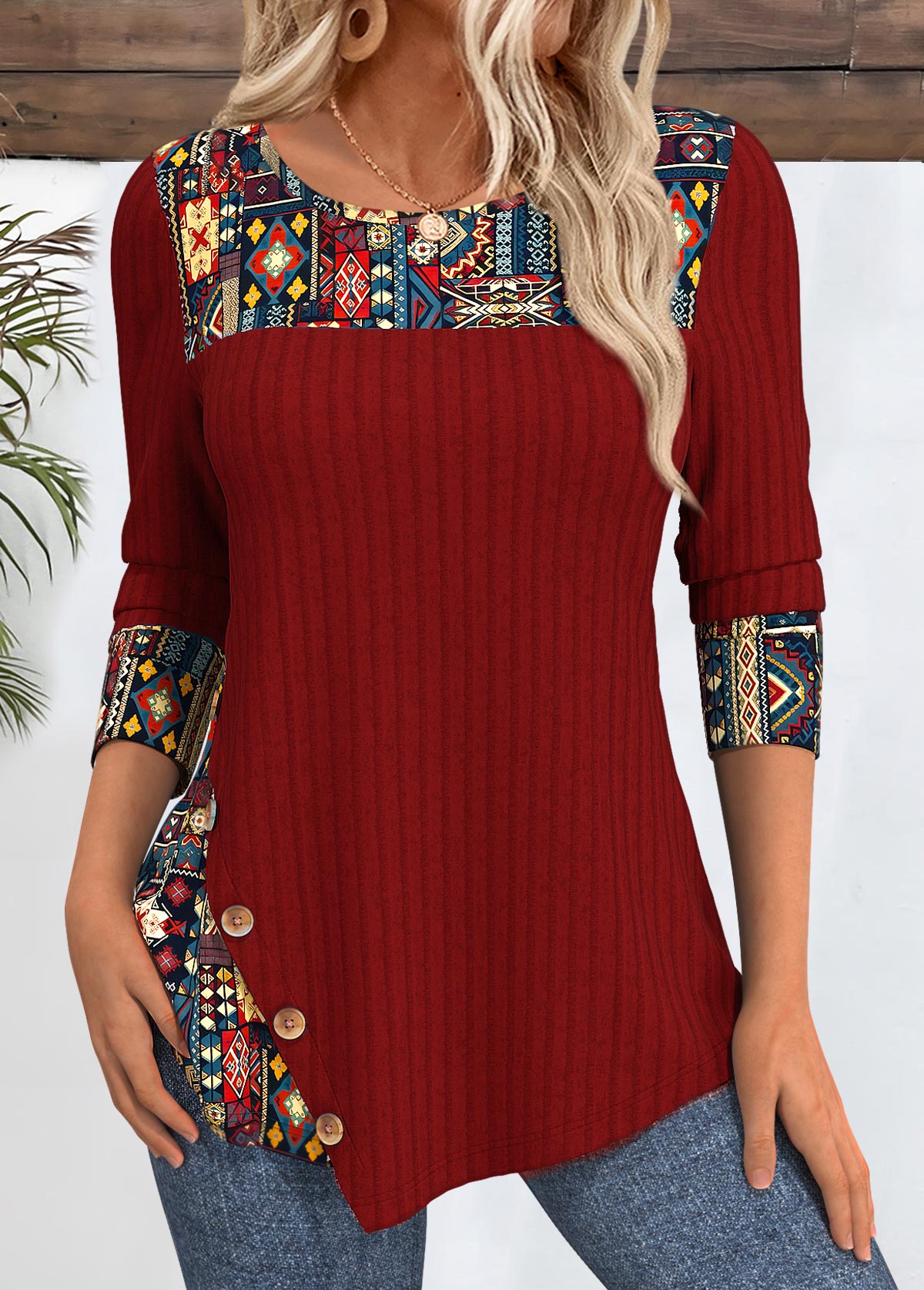 Peacock Blue Tribal Print Round Neck T Shirt | picture 