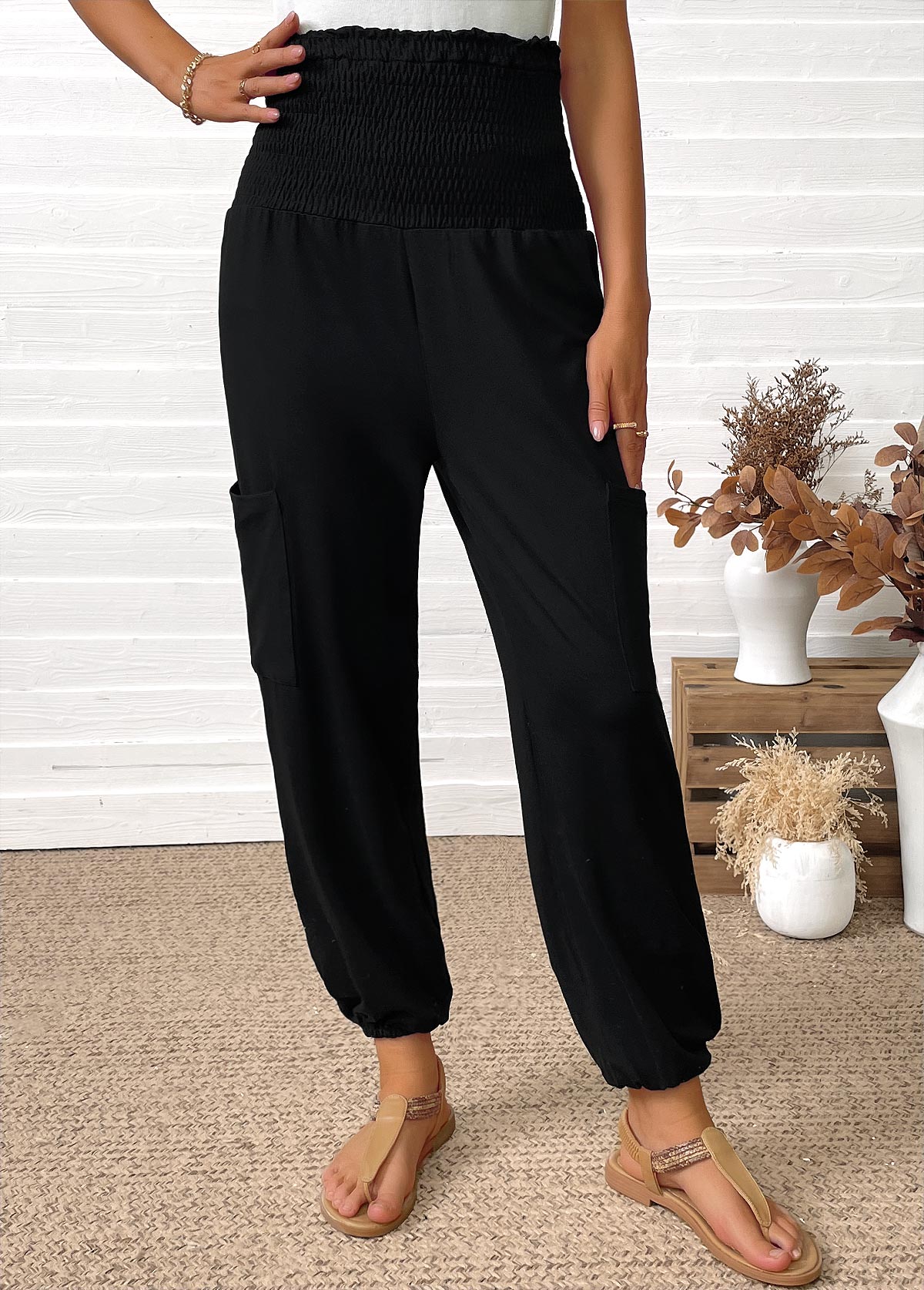 Black Pocket Jogger Elastic Waist High Waisted Pants | picture 