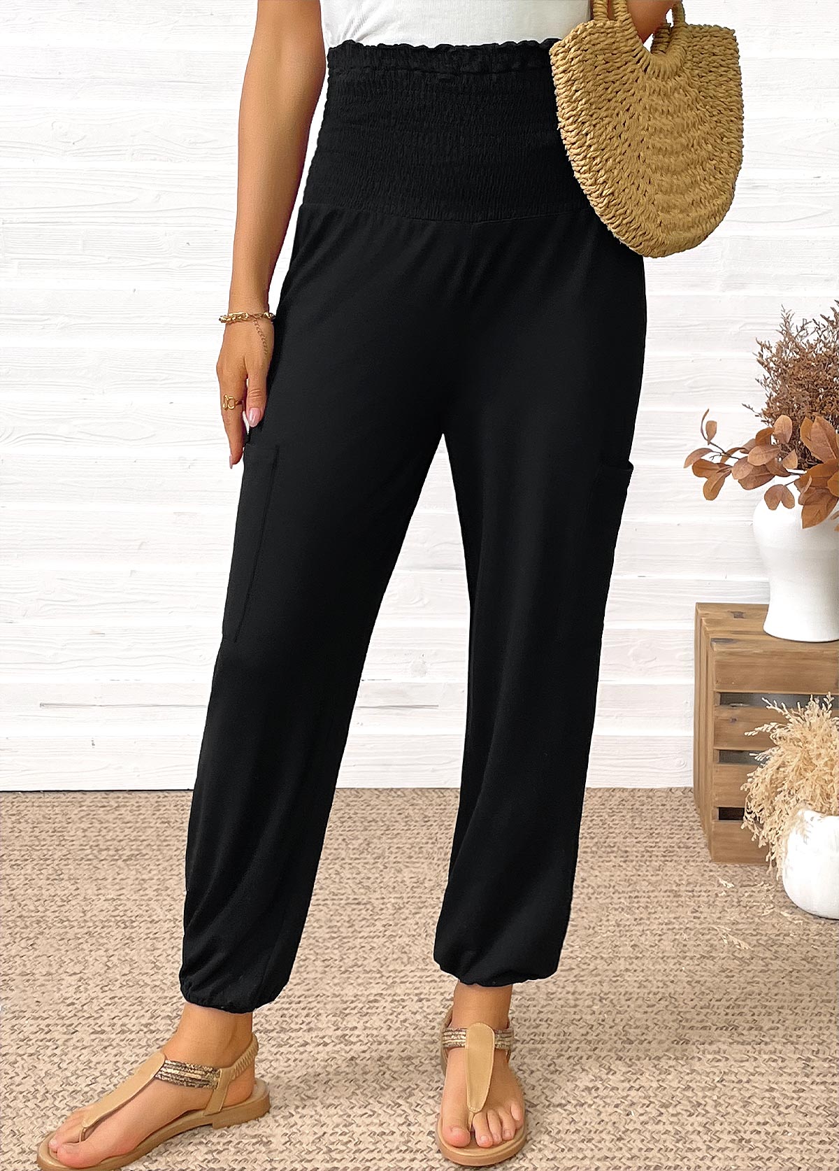 Black Pocket Jogger Elastic Waist High Waisted Pants | picture 
