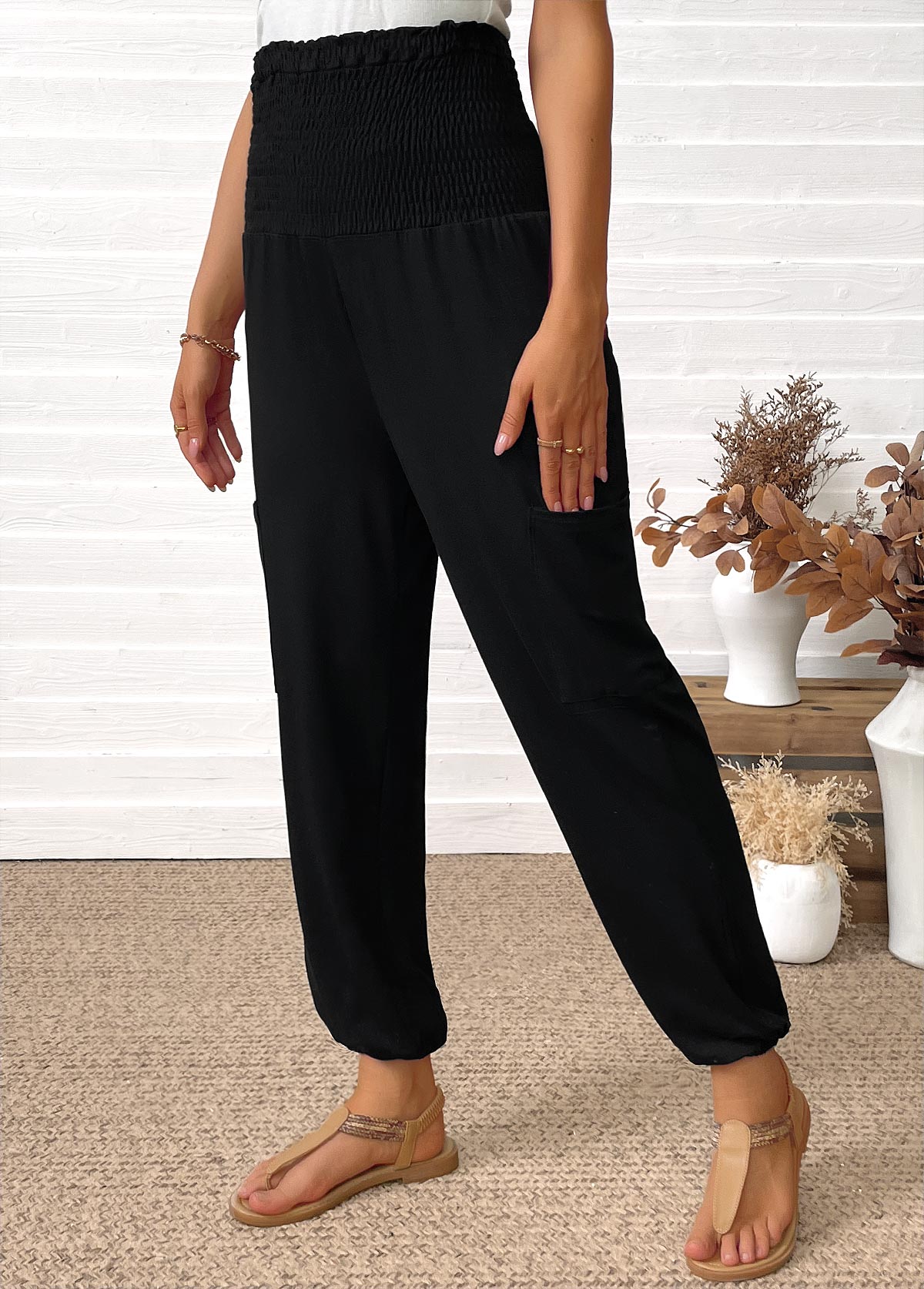 Black Pocket Jogger Elastic Waist High Waisted Pants | picture 