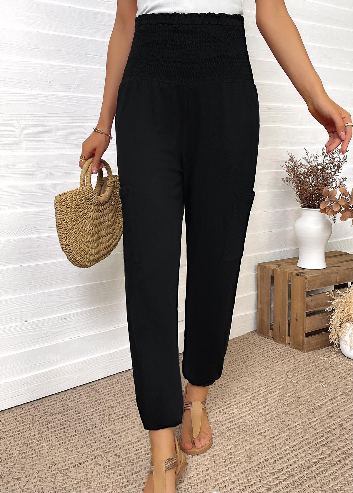 Black Pocket Jogger Elastic Waist High Waisted Pants | picture 